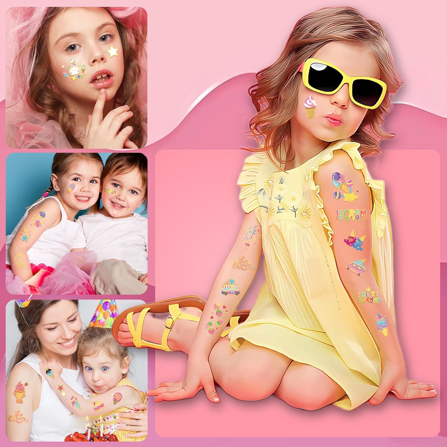 Tatuajes temporales de helado para niños, recuerdos de fiesta de verano, más de 80 estilos de tatuajes falsos metálicos para niños y niñas,