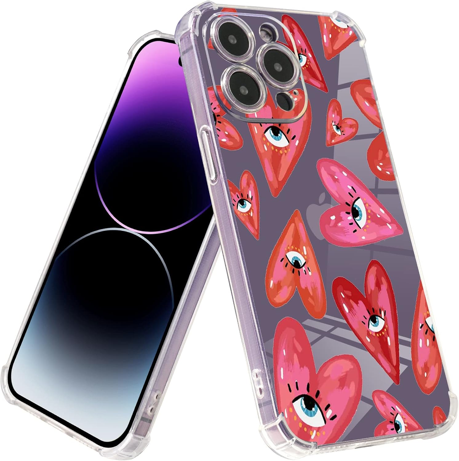 Buffertech – Funda para iPhone 11 Pro Max con diseño de ojos rojos, patrón de corazones de amor con protector de pantalla impacto de caída de 6.6