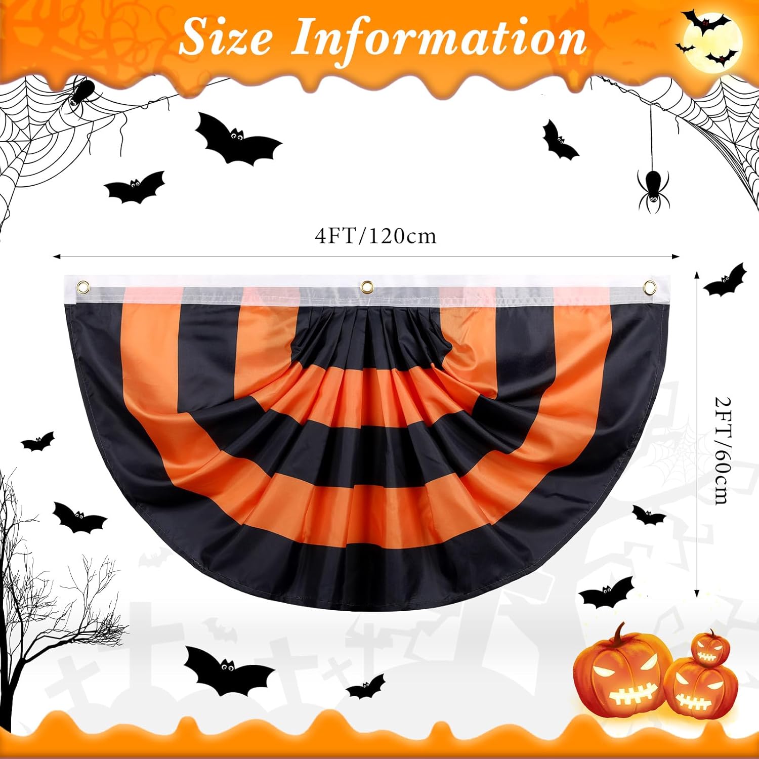 Jetec Banderines LED de Halloween de 2 x 4 pies, bandera plisada de Halloween con 3 ojales para colgar, bandera de jardín, banderines al aire libre,