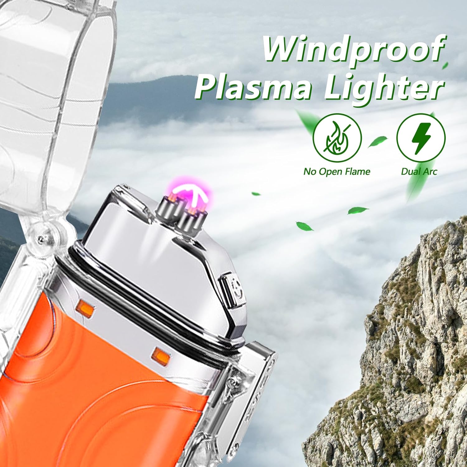 SKRFIRE Encendedor eléctrico transparente, impermeable, encendedor de doble arco con linterna LED, encendedor a prueba de viento, encendedor USB