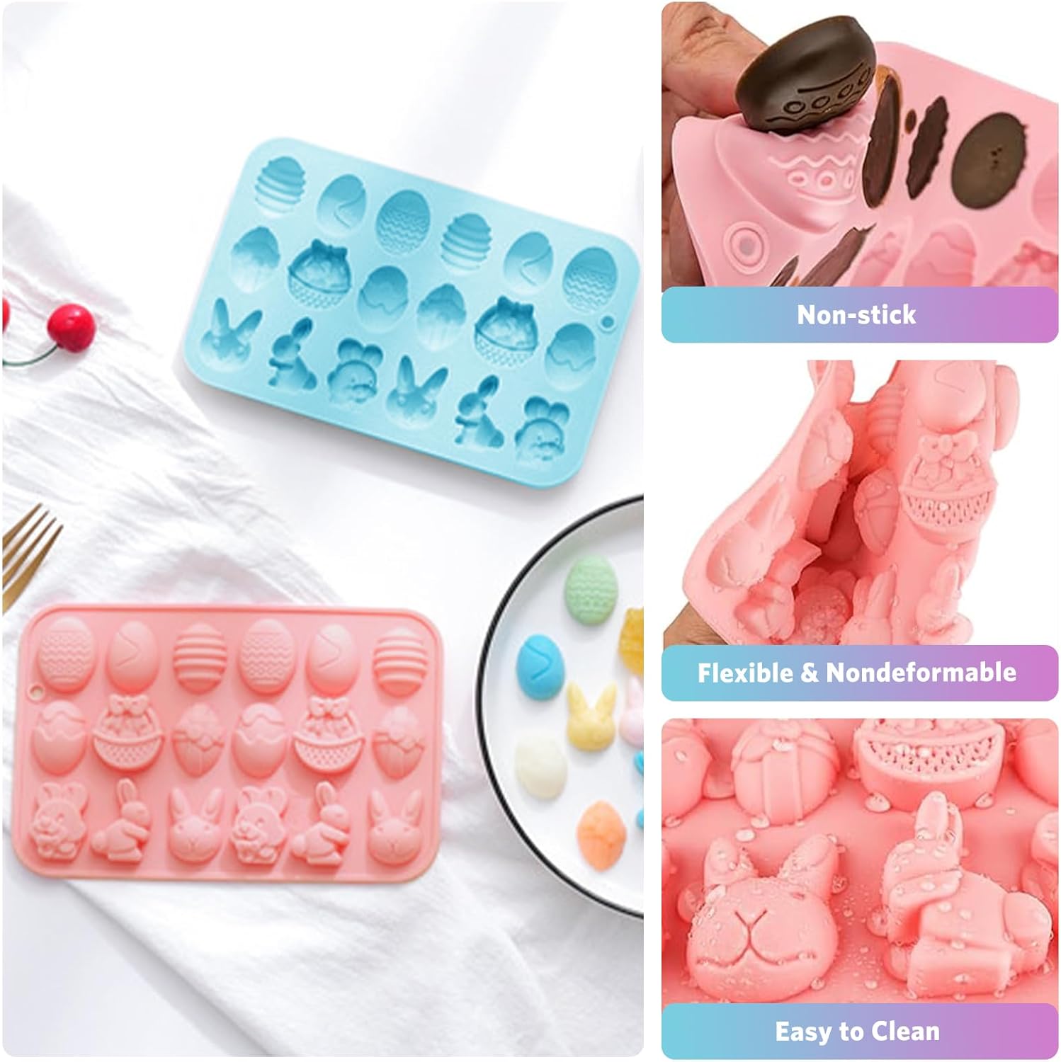 Moldes de chocolate de Pascua, 3 paquetes de moldes de silicona para huevos de Pascua, moldes de silicona para hornear no pegajosos de grado