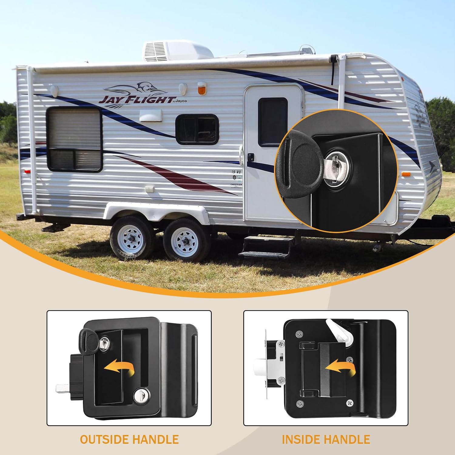 Cerradura de puerta de entrada de remolque de viaje RV con cerrojo de paleta, cerradura de llave, negro, pestillo de puerta 100% metal para cámper