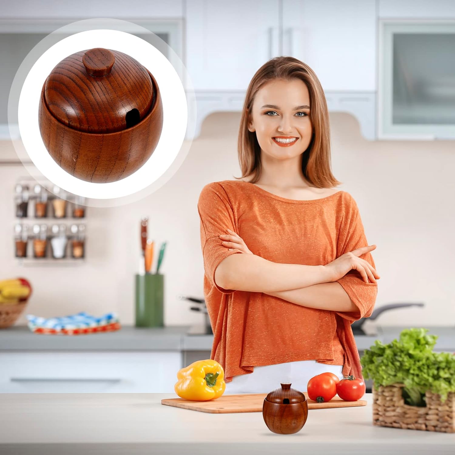 Cuenco de madera maciza de estilo japonés con tapas para servir ensalada, arroz, miso, sopa, frutas, cocina, preparación, platos de dulces, cuencos