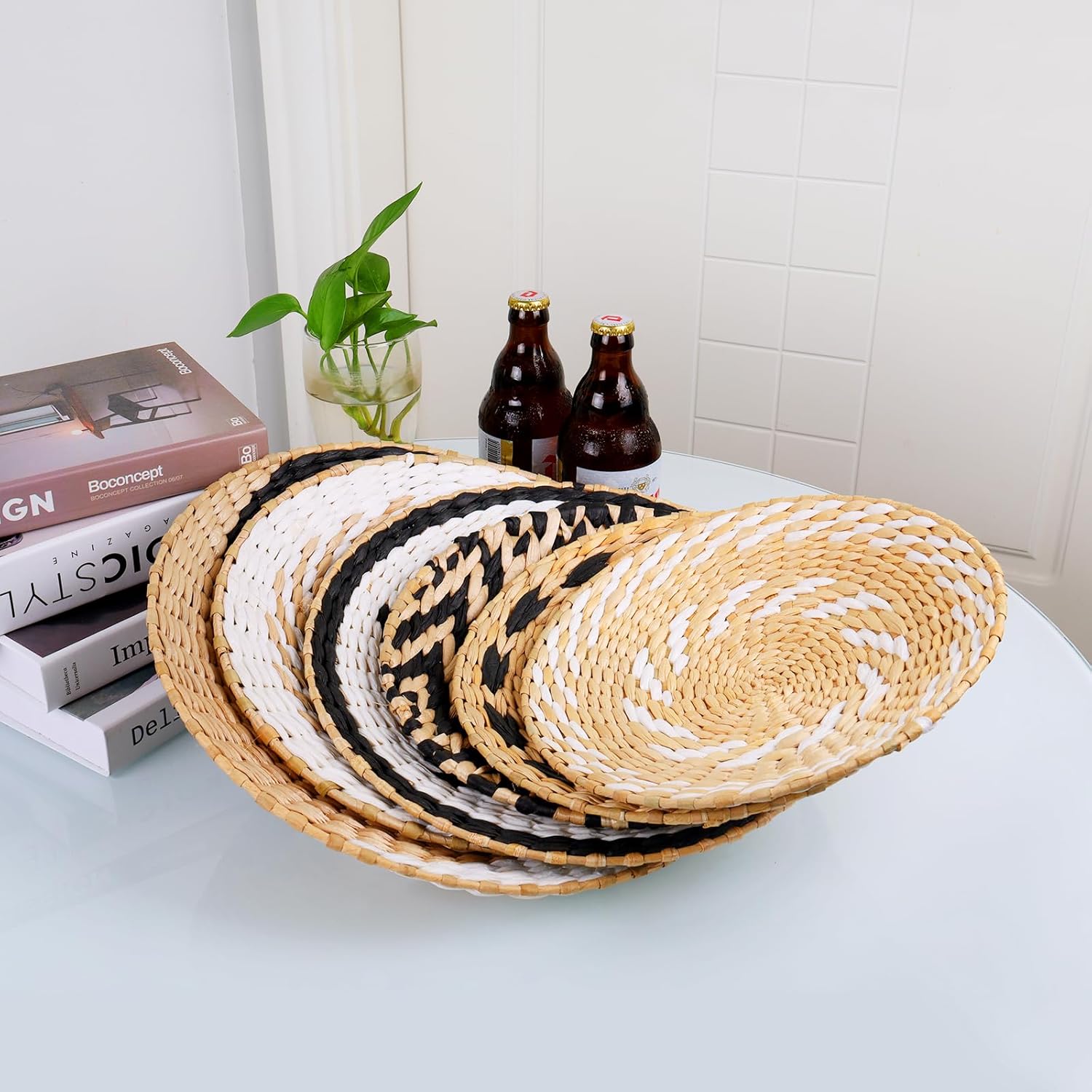 Juego de 6 cestas de pared tejidas para colgar, grandes, redondas, rústicas, rústicas, modernas, decoración de pared de ratán y seegrass hecha a