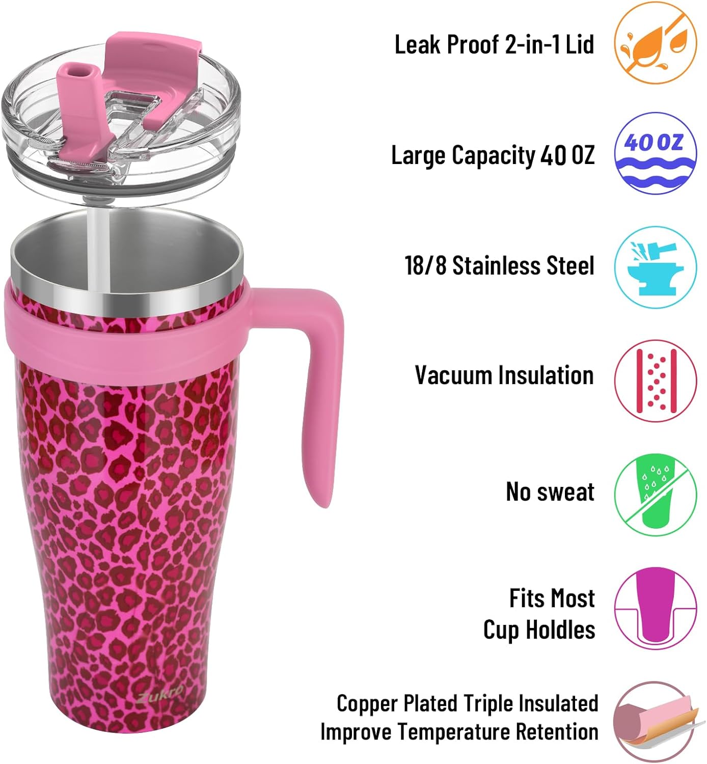 Vaso de 40 onzas con asa y popote abatible, vaso de acero inoxidable aislado con tapa para sorbopopote 2 en 1, taza de viaje a prueba de fugas, cabe