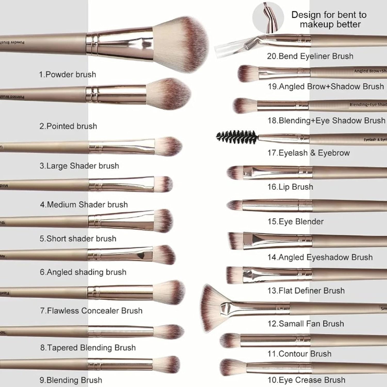 20 brochas de maquillaje, kit de brochas de maquillaje, correctores de sombras de ojos, pinceles de maquillaje, marrón café, suave, agradable a la