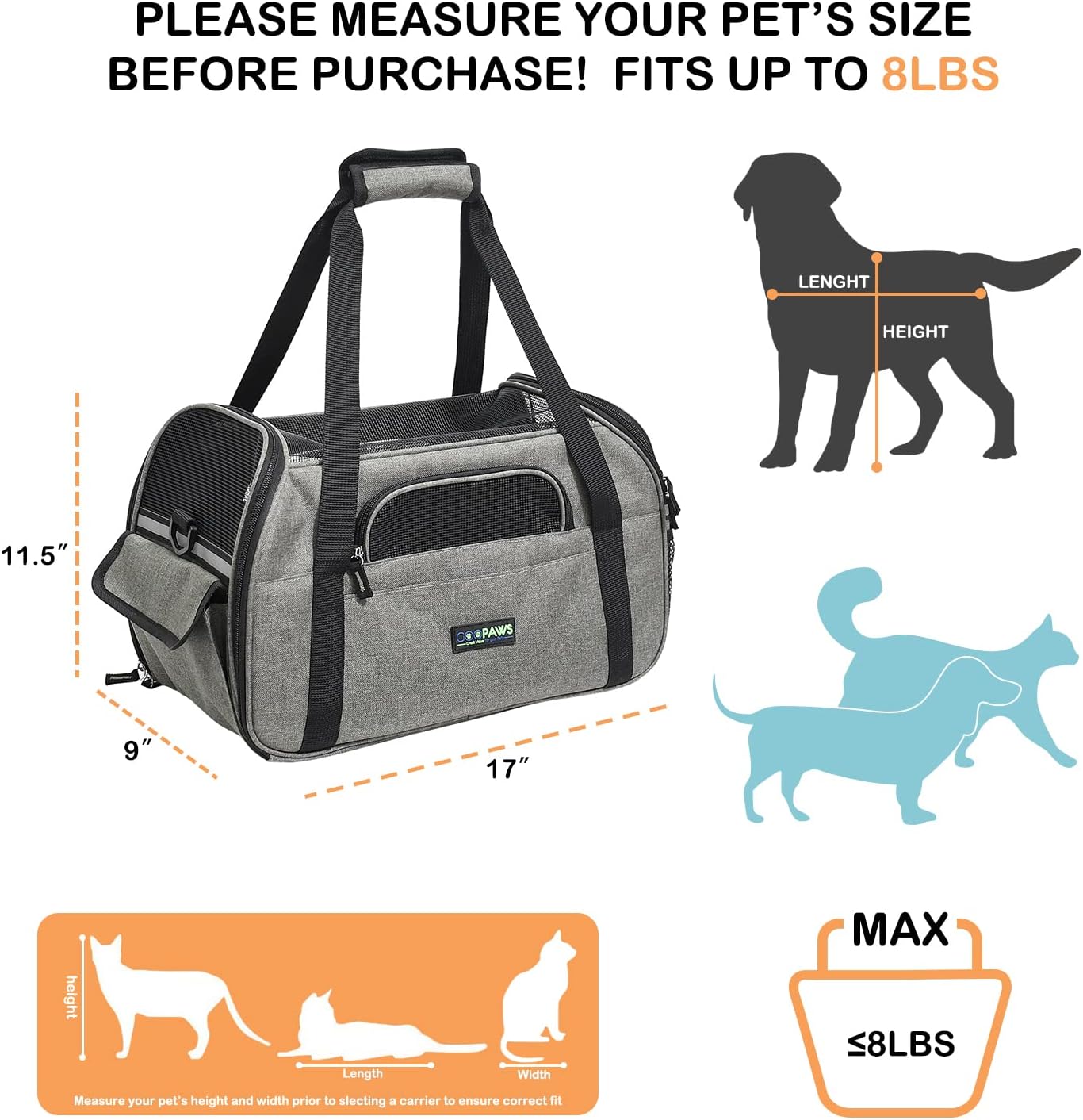 JESPET  Transportín para perros pequeños, gatos, cachorros, transportín plegable aprobado por aerolíneas para gatos y perros, bolso de viaje y para