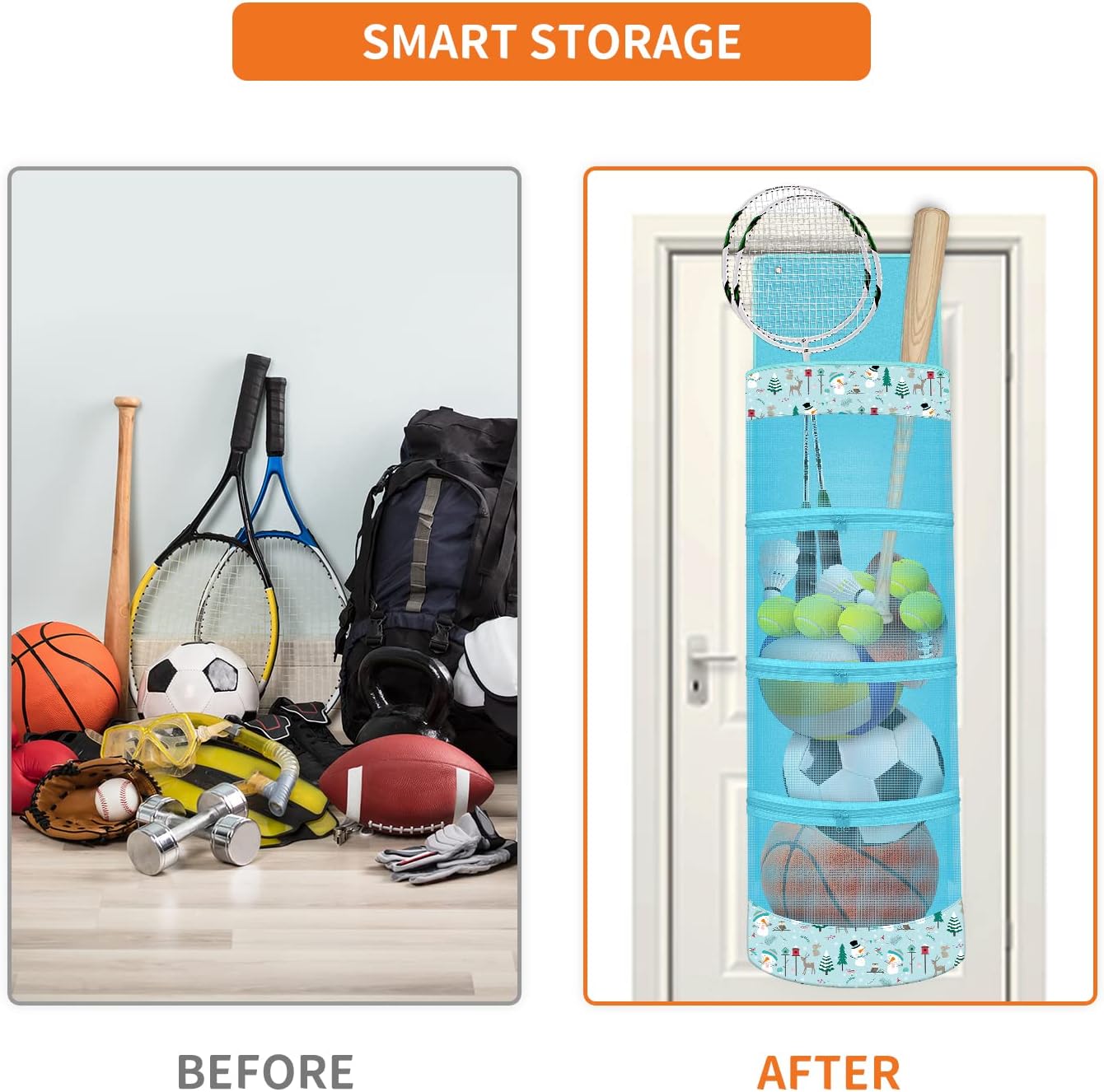 Hanging Organizer, Over The Door Hanging Sports Equipment and Ball Storage, Garage Sports Equipment Organizer for Hold Soccer, Basketball, Football,