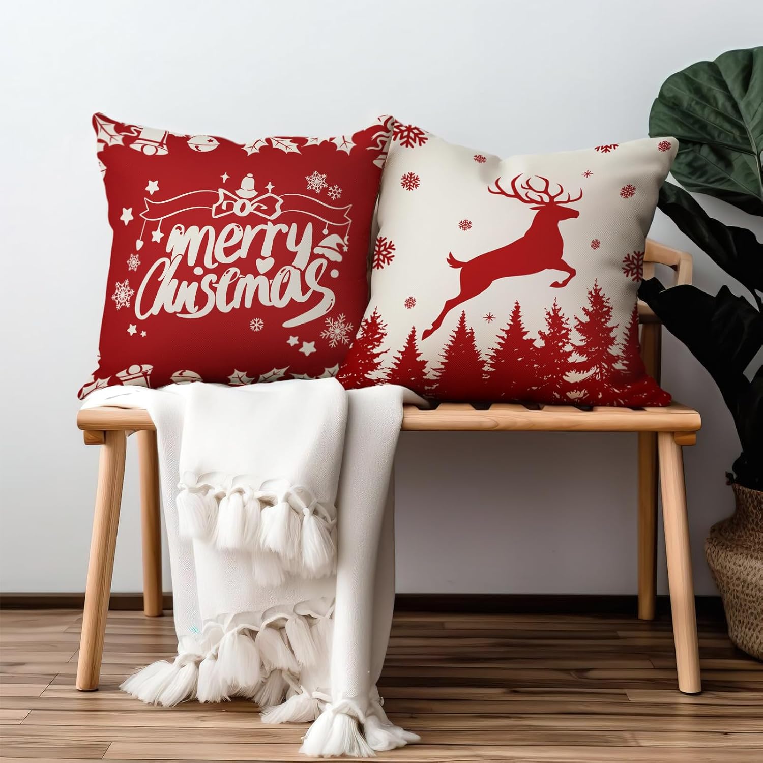 Fundas de almohada de reno de invierno de 18 x 18 pulgadas, funda de almohada de árbol de Navidad, fundas de almohada de lino para decoración de