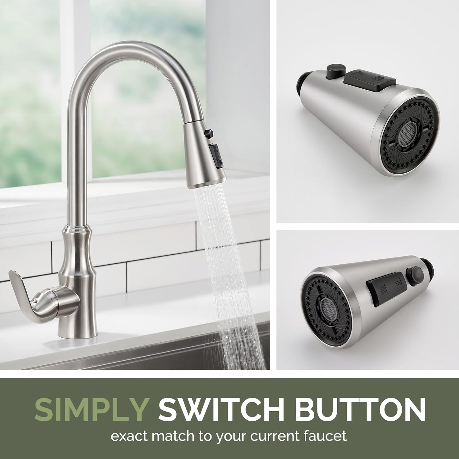 Angle Simple – Cabezal de grifo de cocina de repuesto de níquel cepillado, 3 funciones, cabezal de grifo Aquablade dual para fregadero de cocina,