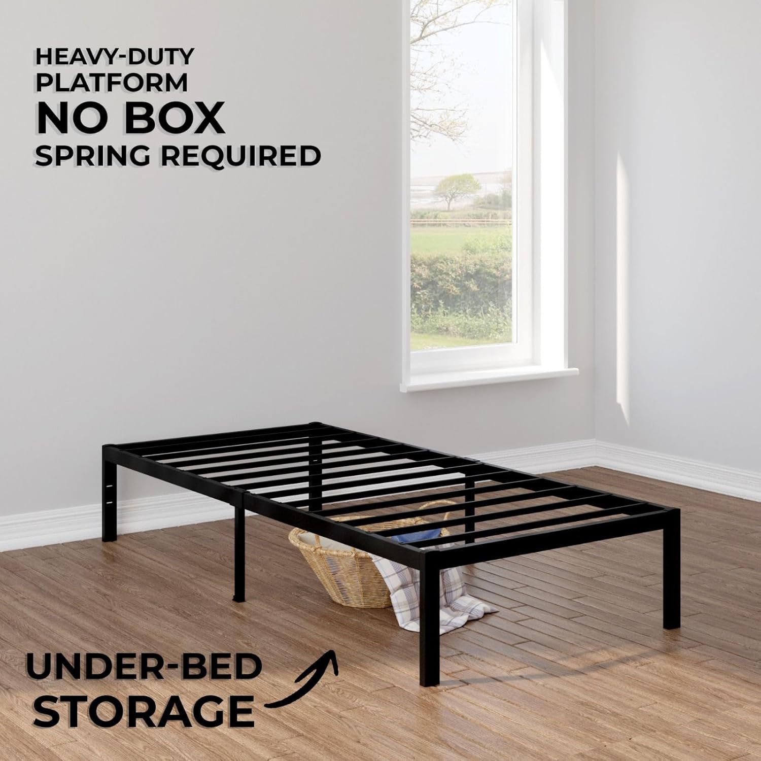 CastleBeds – Marco de cama minimalista de hierro negro tamaño individual con cabecero y barra forjada, base de plataforma de metal de acero