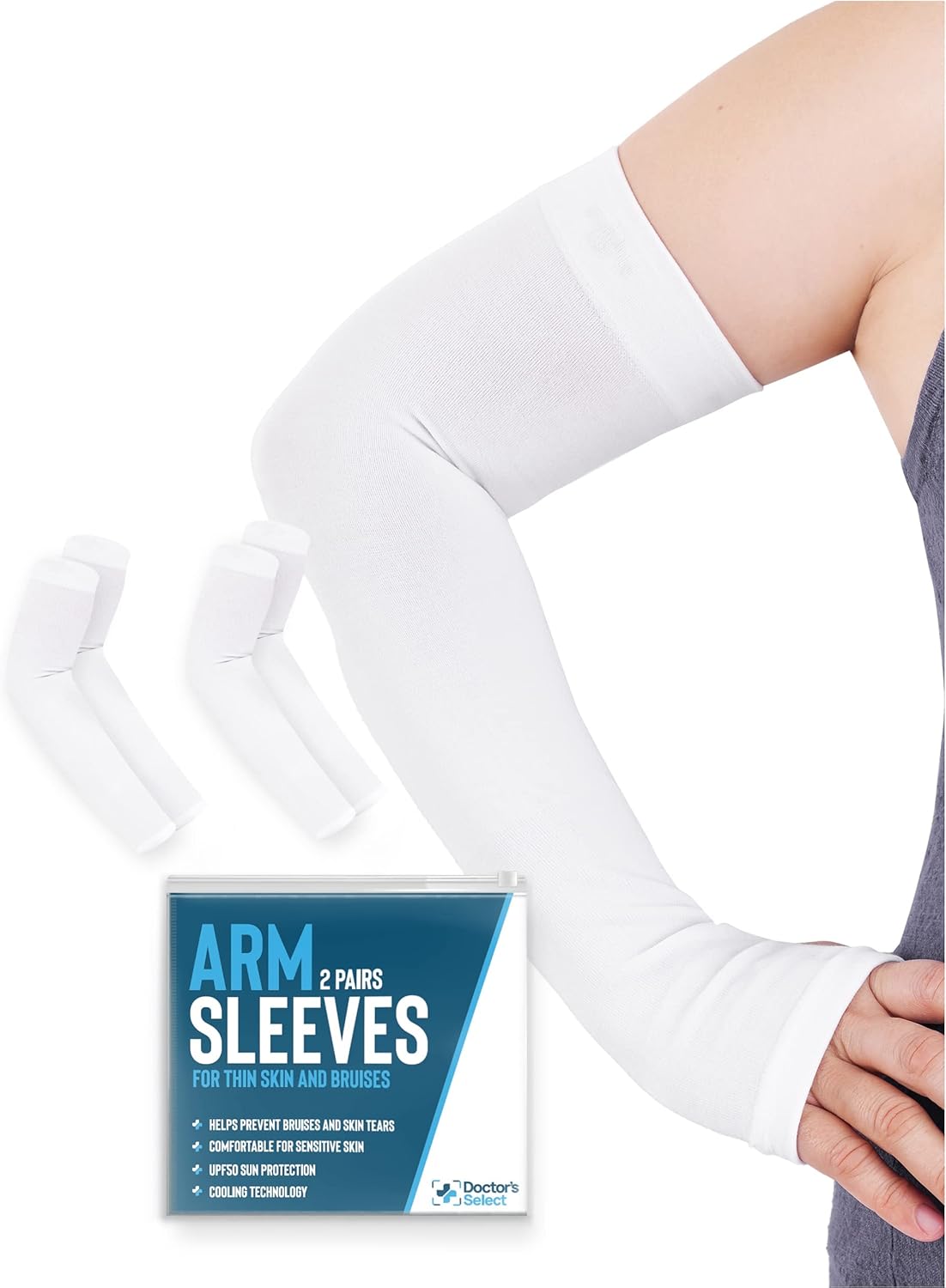 Doctor’s Select Protectores de brazo para piel fina y moretones para mujeres y hombres, 2 pares de protección solar UPF 50 y enfriamiento