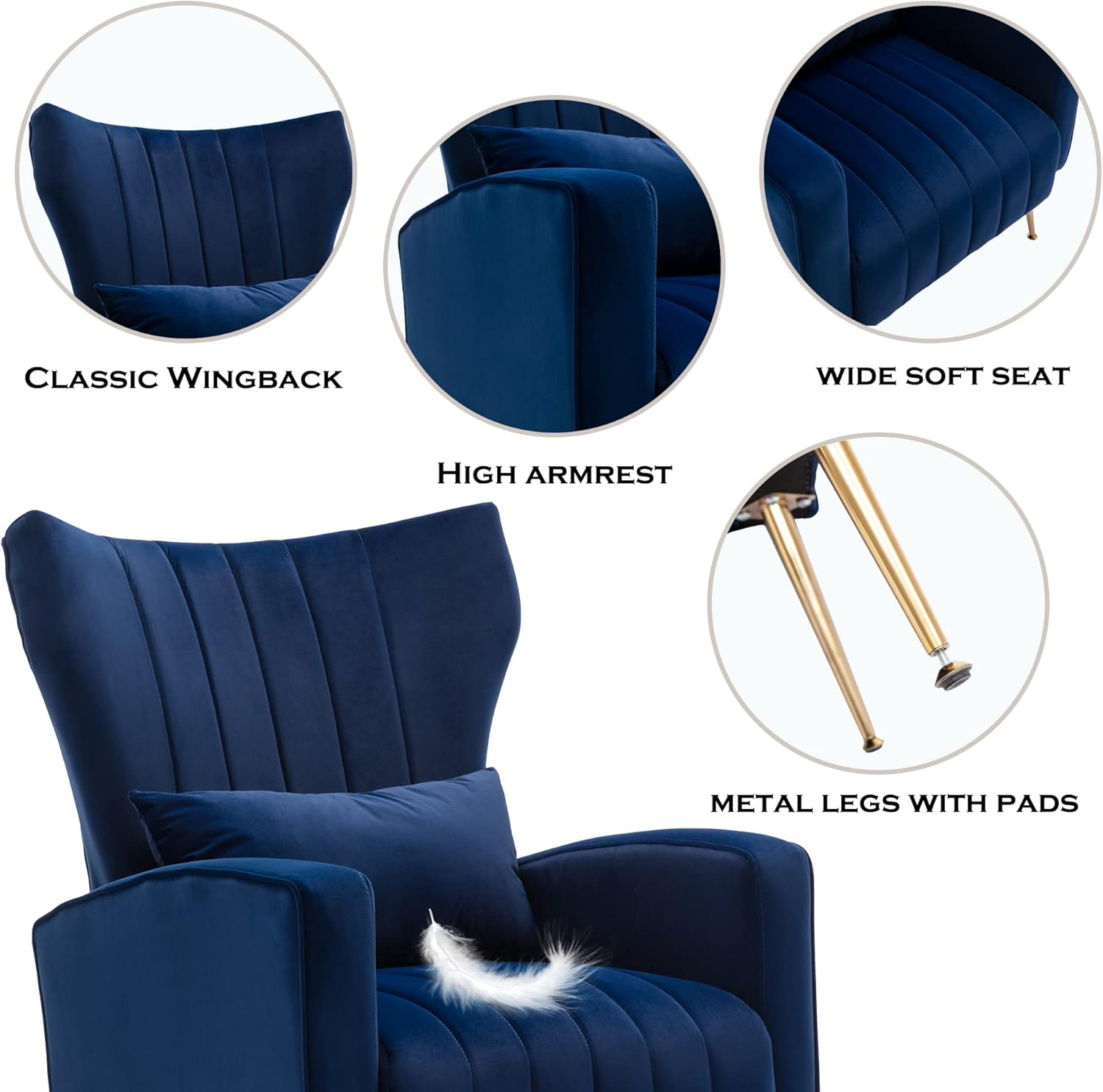 chairus Wingback – Silla decorativa de terciopelo, sillón moderno para sala de estar, cómodo sofá individual tapizado para dormitorio, sala de
