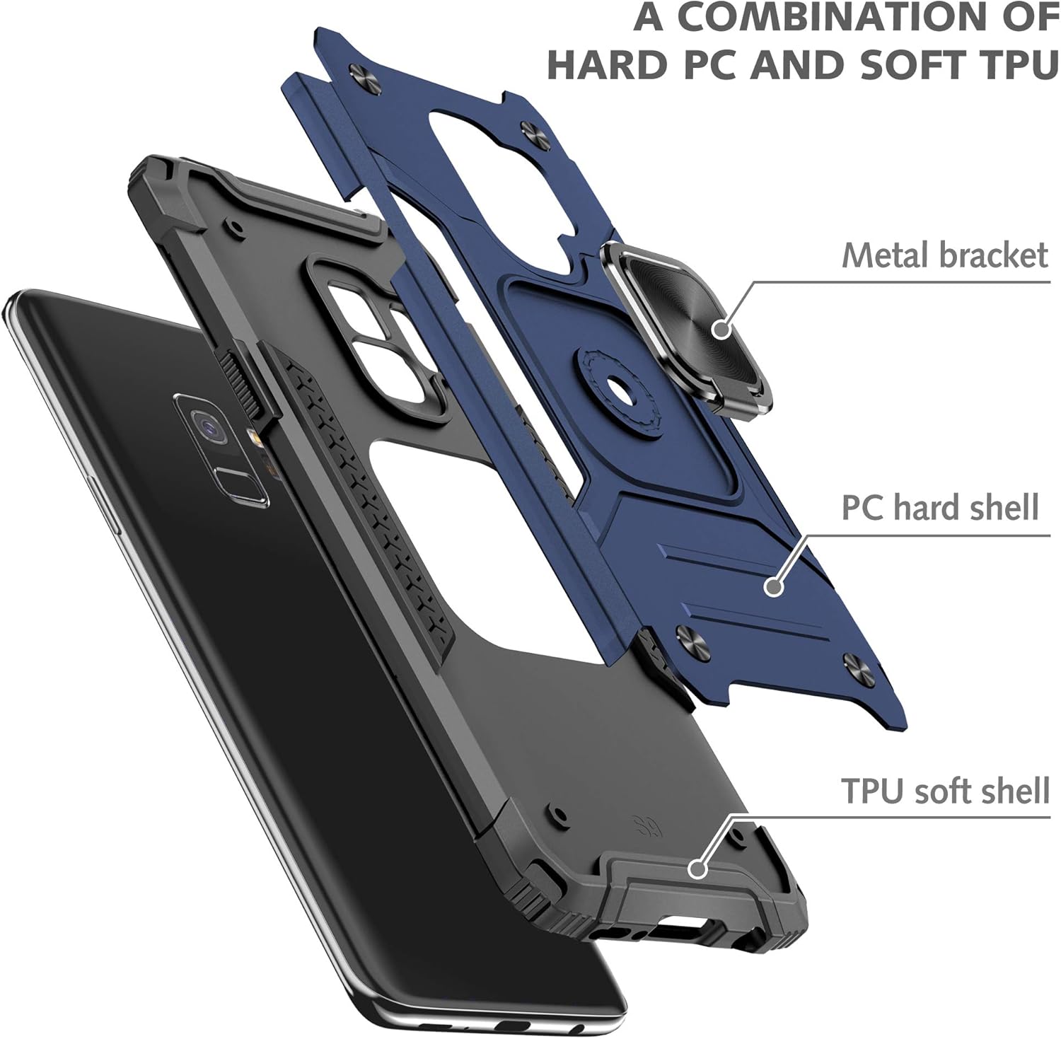 YmhxcY Funda para Galaxy S9, Samsung S9 con protector de pantalla curvado 3D, funda de grado armadura con soporte giratorio, antideslizante,