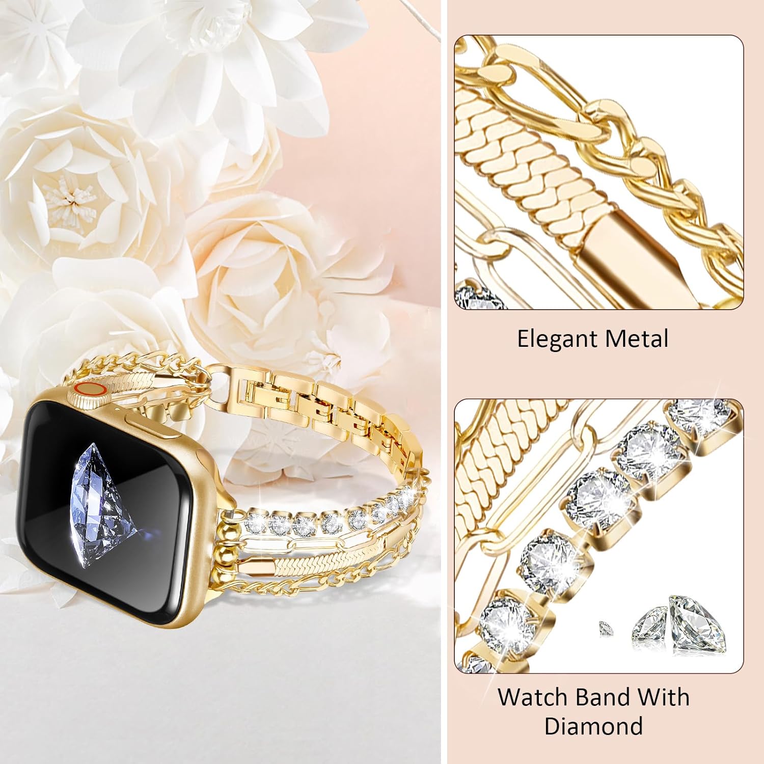 CAGOS Pulsera de cadena compatible con Apple Watch Band de 1.49, 1.57, 1.61, 1.65, 1.73 y 1.77 pulgadas, correa delgada de acero inoxidable de metal