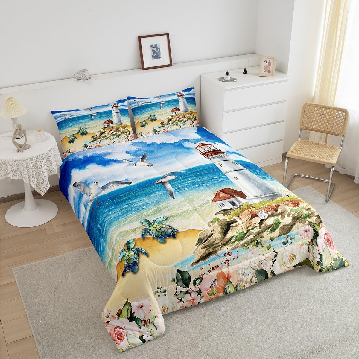 Juego de edredón con diseño de faro de mar, tamaño individual, juego de ropa de cama de animales de tortuga, pájaros, océano, azul, para niños y