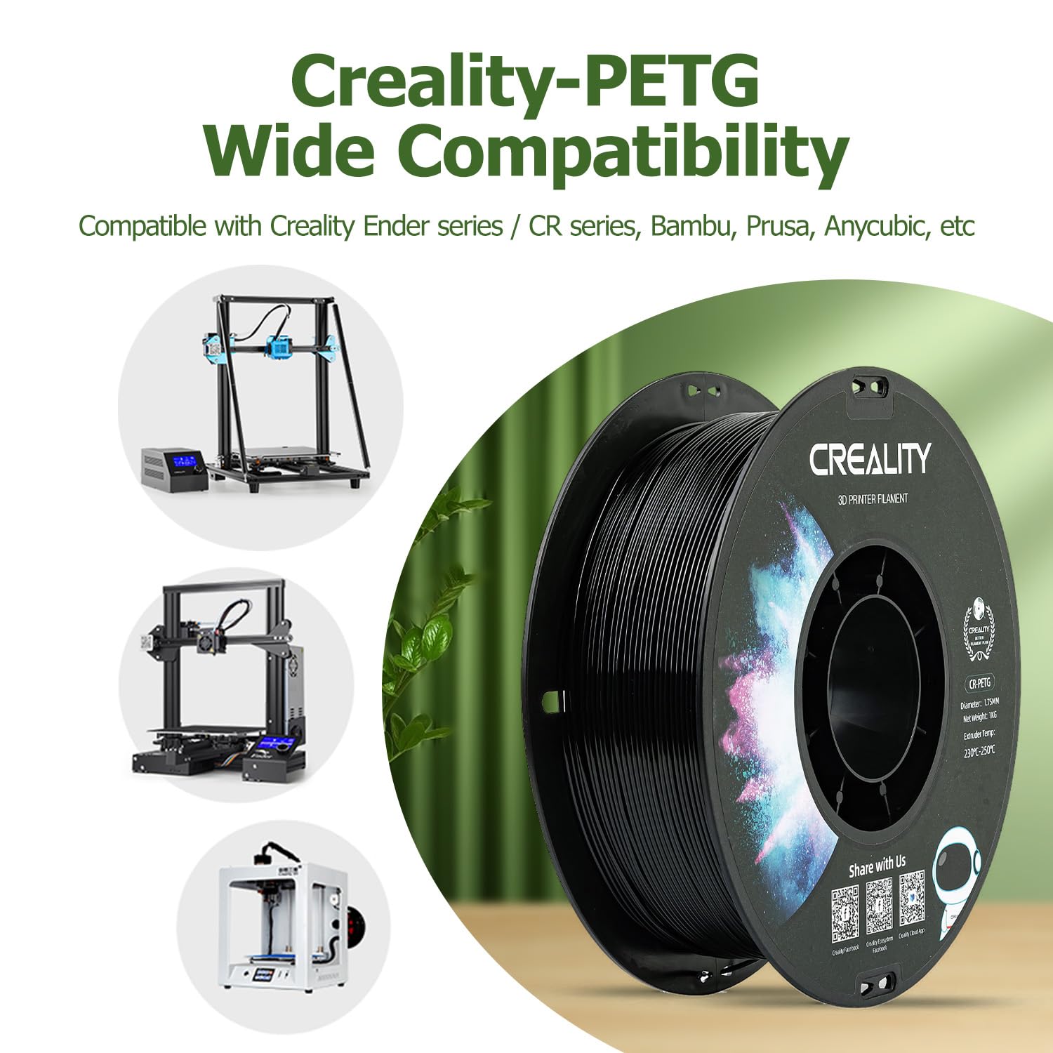 Filamento oficial de Creality PETG para impresora 3D de 0.069 in, 2.2 lbs (2.2 libras), alta precisión, fuerte dureza, sin olor, mejor flujo, a