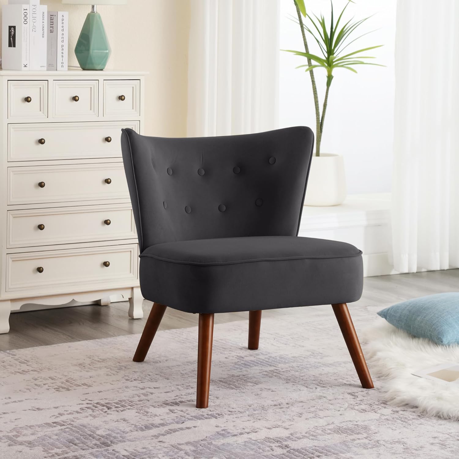 Silla decorativa de terciopelo moderna de mediados de siglo, silla de sala de estar sin brazos con patas de madera, silla de club con respaldo