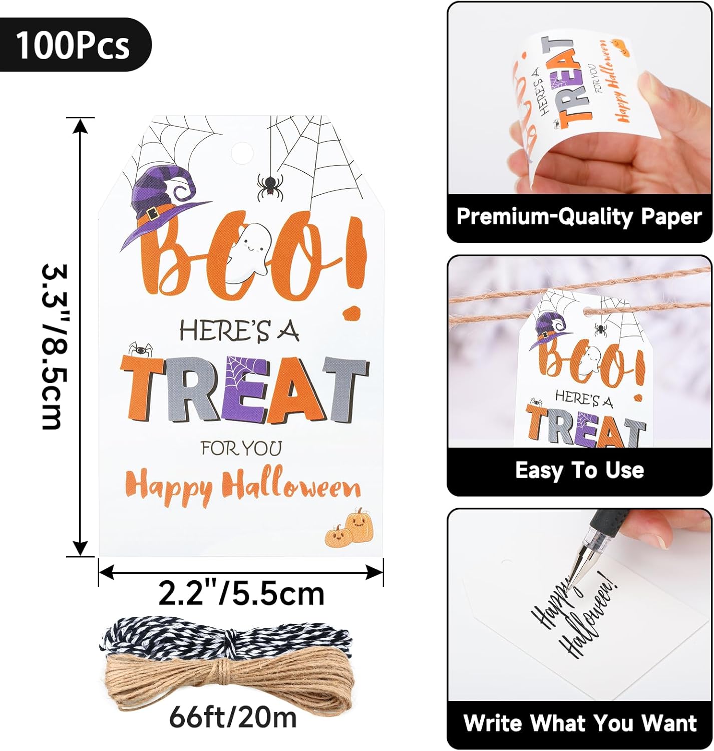 Anwyll Etiquetas de feliz Halloween, etiquetas de regalo de papel de Halloween, 100 etiquetas de Halloween con cuerda, etiquetas de regalo colgantes