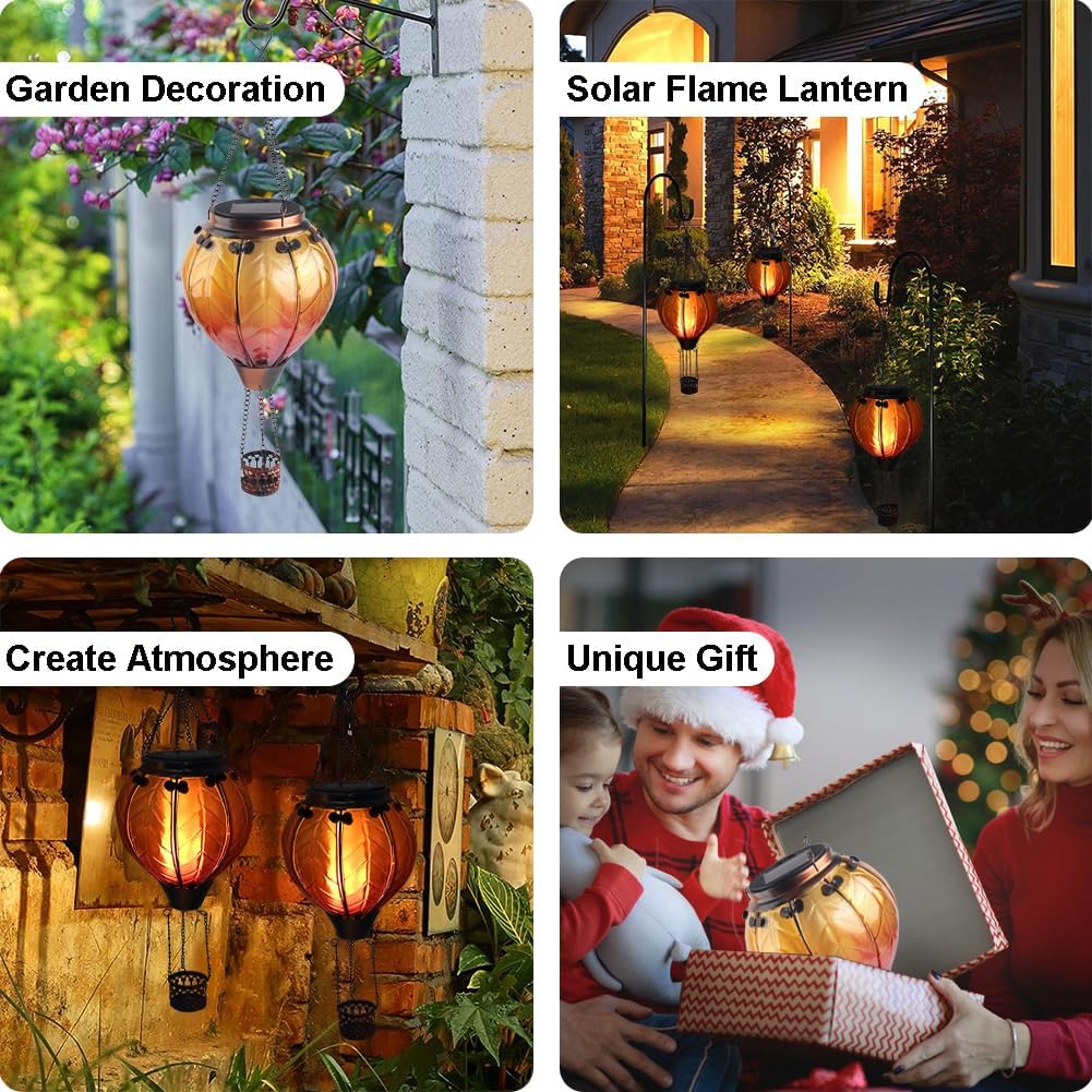 Farol solar de globo de aire caliente con llama parpadeante para colgar, faroles solares para exteriores, impermeables, faroles decorativos para