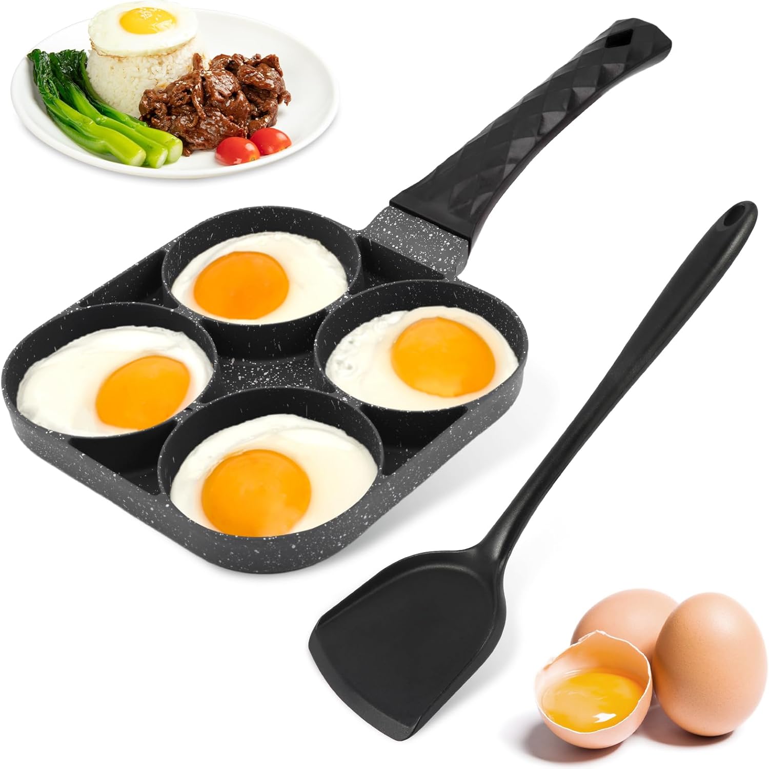 Just E Joy Sartén para huevos de 4 tazas con espátula de silicona, sartén antiadherente de aluminio para huevos de desayuno para estufa de gas y