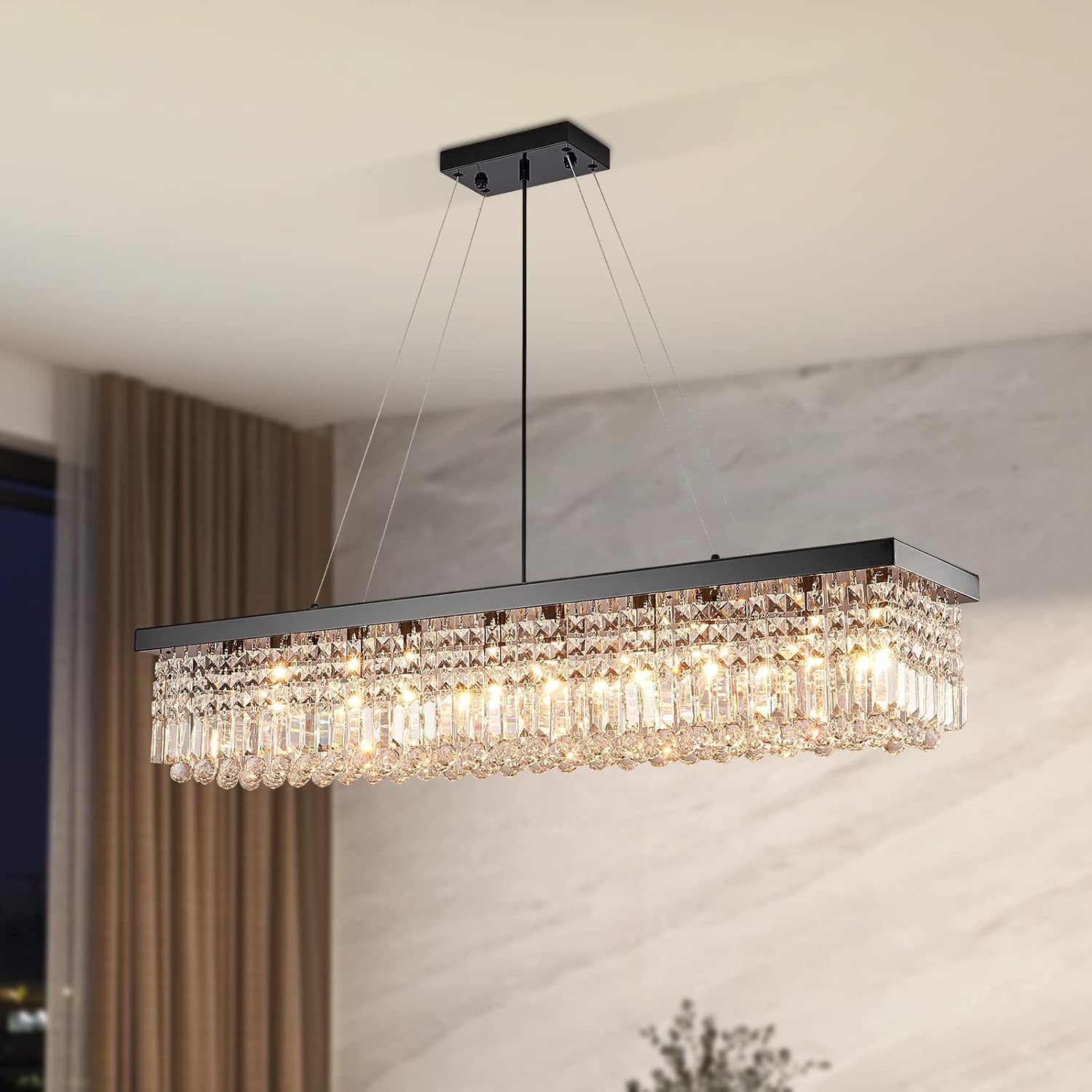 Moooni Lámpara rectangular para comedor, moderna lámpara rectangular de cristal negro para comedor, 10 luces, lámpara de araña de cristal ajustable