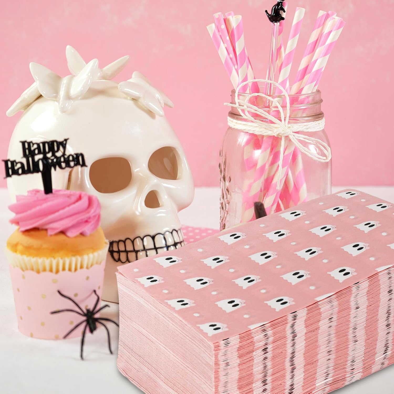 AnyDesign – 100 servilletas de papel para invitados de Halloween, lazo rosa, fantasma, desechable, toalla de mano para suministros de fiesta de