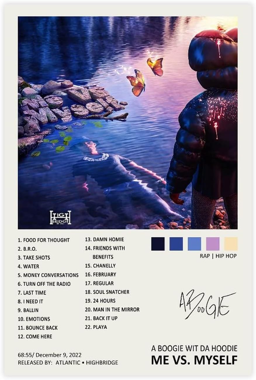 YTGMO Póster con capucha de A Boogie Wit Da, con texto en inglés “Me Vs. Mysel”, con portada de álbum de música, firmado, limitado, póster en