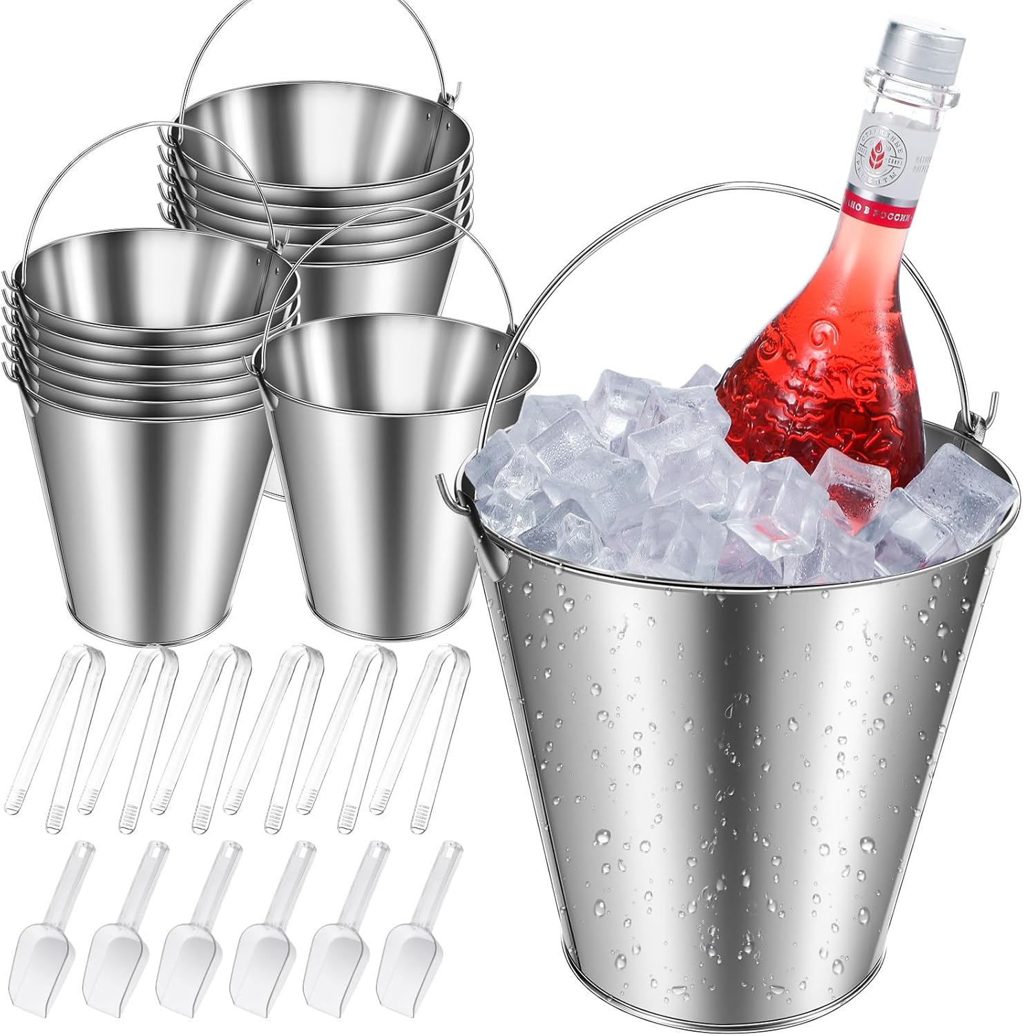 12 juegos de cubos galvanizados con pinza y cuchara, incluye 12 cubos de cerveza de 7 pulgadas y 100 onzas, cubos de hielo de metal con asa, 6
