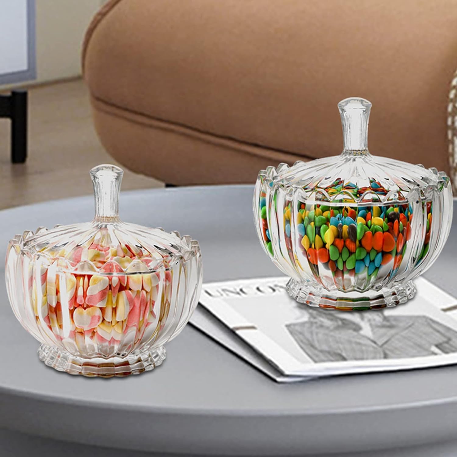 DEAYOU Paquete de 2 platos de cristal para dulces con tapa, recipiente grande para azúcar cubierto de cristal de 34 onzas, recipiente de
