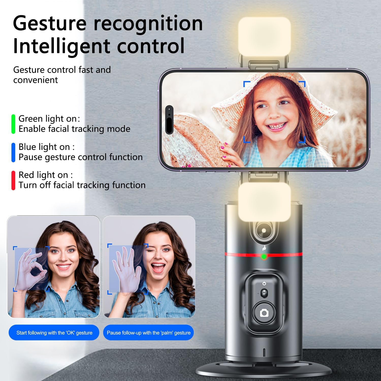 Soporte para teléfono de seguimiento facial automático 2024 con luz de llenado plegable y AFARER con rotación de 360, trípode de seguimiento facial