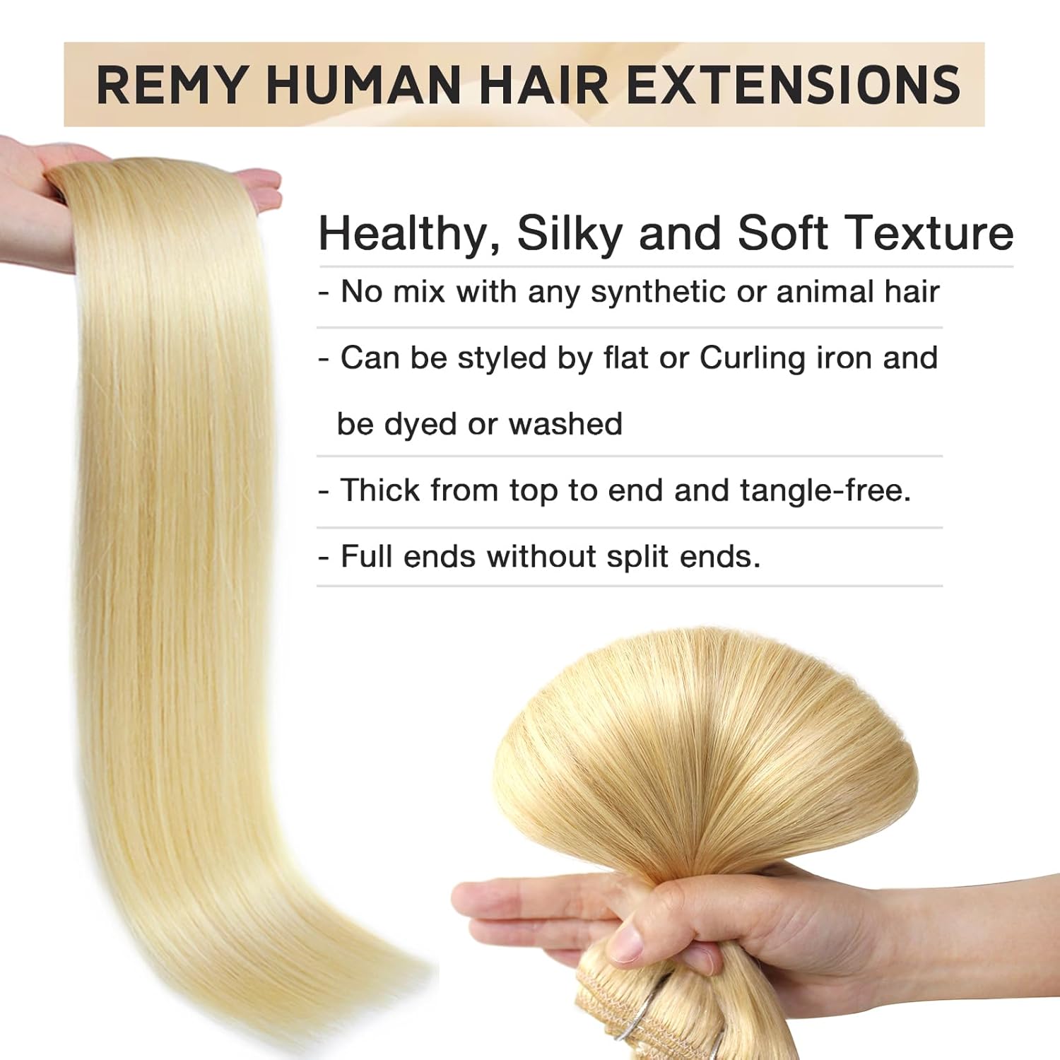 Atbering Extensiones de cabello humano real con broches, color rubio decolorado, extensiones de cabello virgen con clip, para cabello lacio o