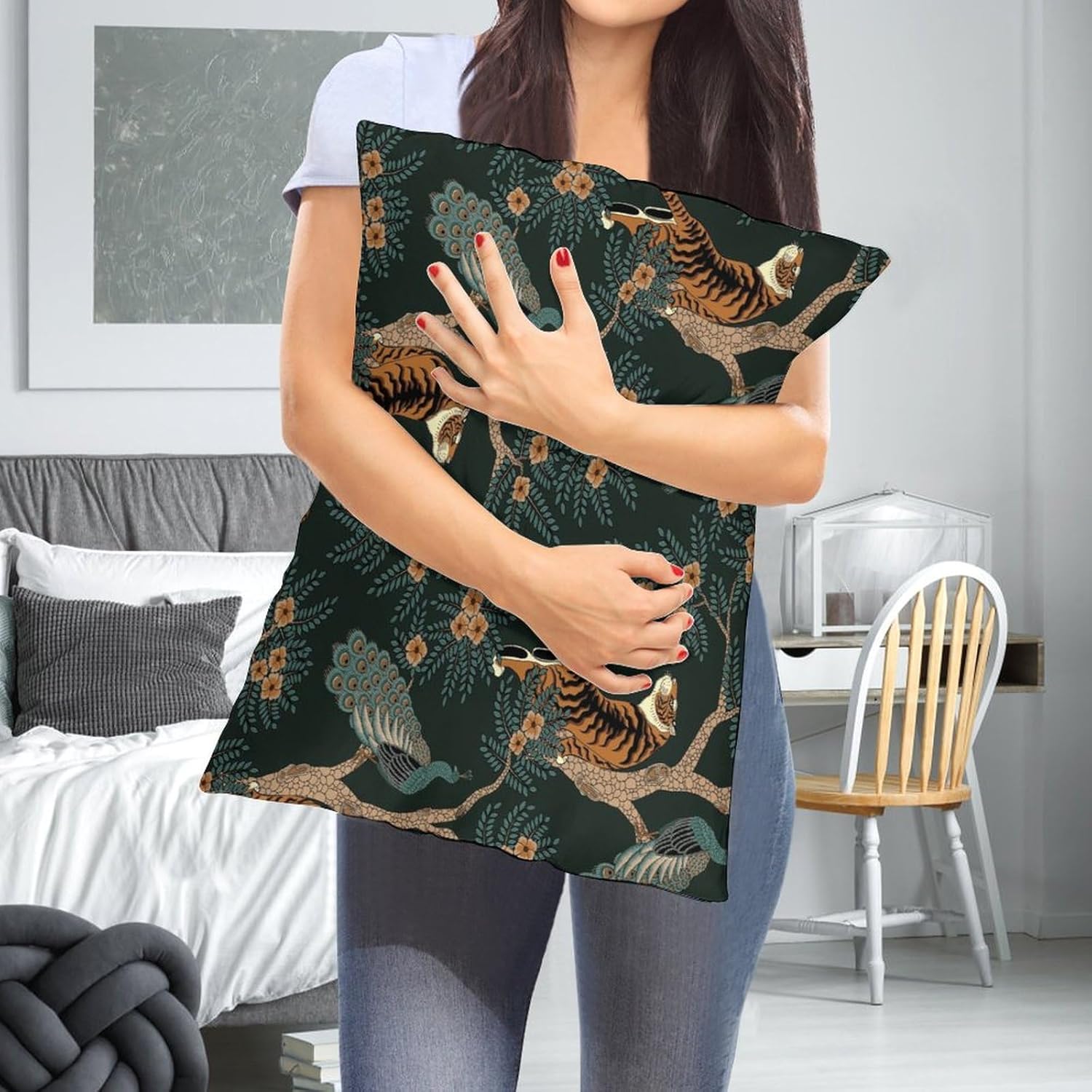 Funda de almohada decorativa rectangular con diseño de tigre y pavo real, decoración del hogar para sala de estar, sofá o automóvil, funda de cojín