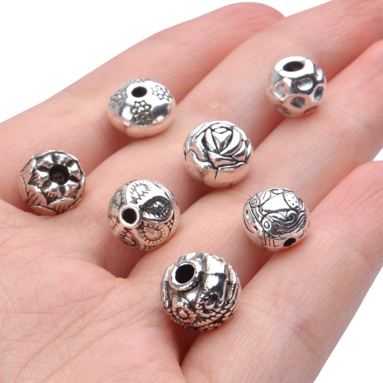 Cuentas espaciadoras de plata antigua, 3.53 oz (alrededor de 40-60 unidades), cuentas sueltas tibetanas pequeñas redondas para hacer pulseras,
