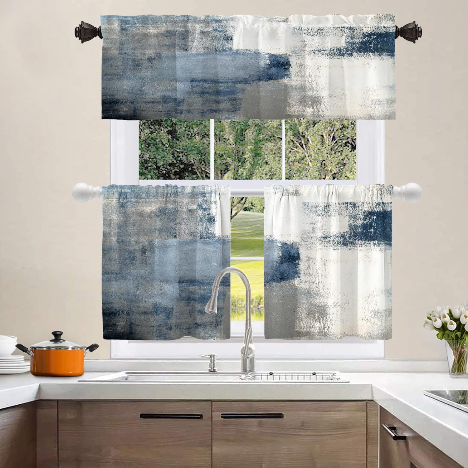Shrahala Cenefas de cocina con diseño de arte azul y gris, pintura abstracta azul y gris, cortina de media ventana, tratamiento de ventana, opaco de
