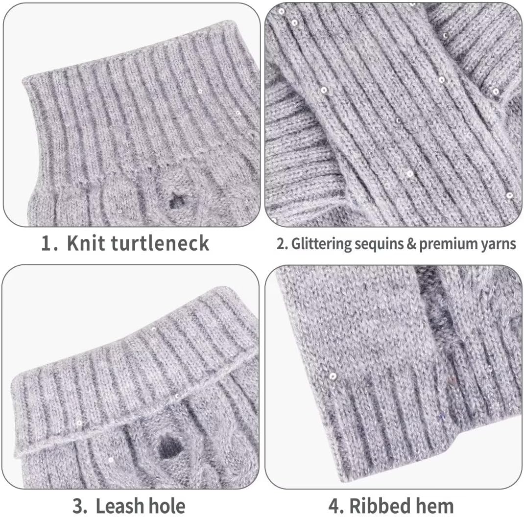 Frienperro Suéter para perro para perros pequeños, suéter de punto trenzado con lentejuelas, suéter cálido de invierno de cuello alto, traje de