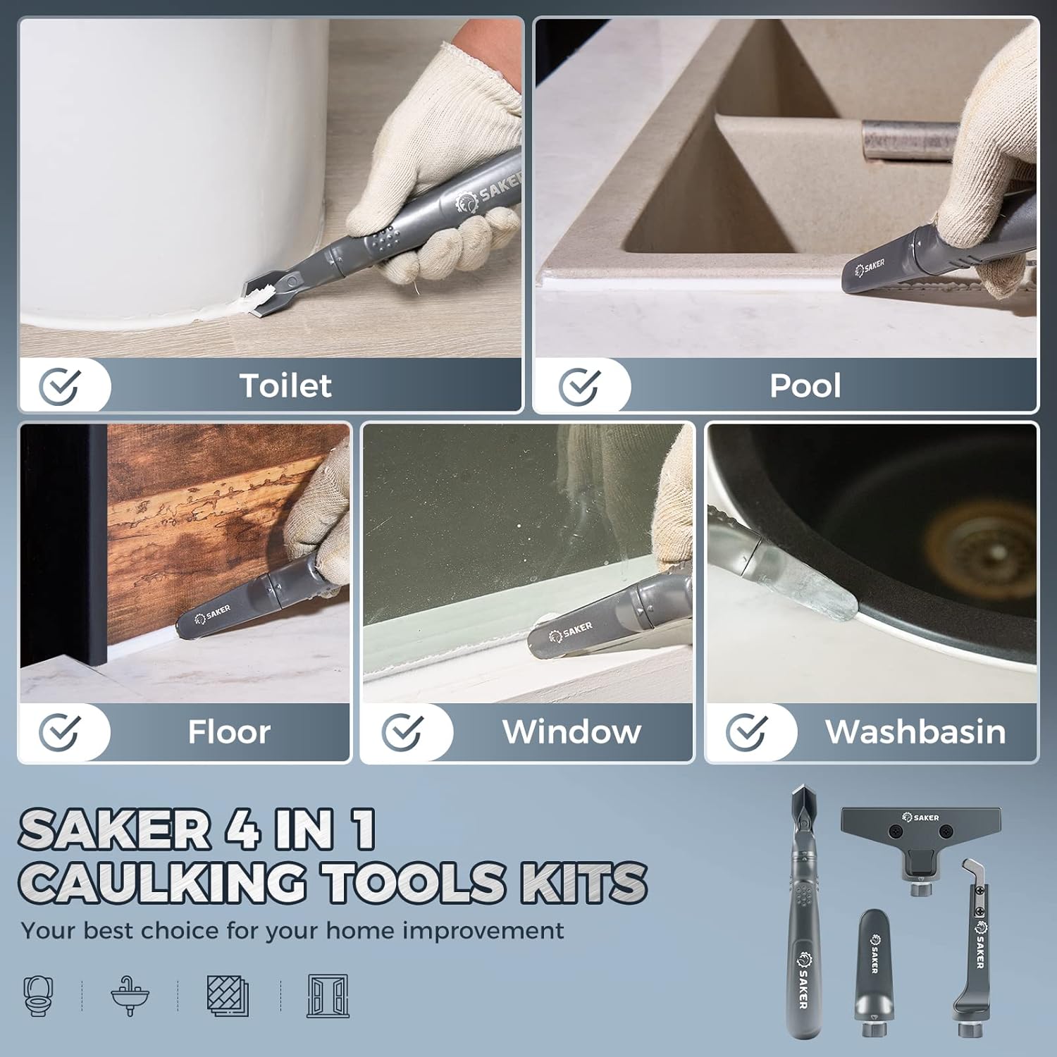 Saker Kit de herramientas de calafateo 4 en 1, herramienta de acabado de sellador de aluminio, herramienta de acabado de lechada, removedor de
