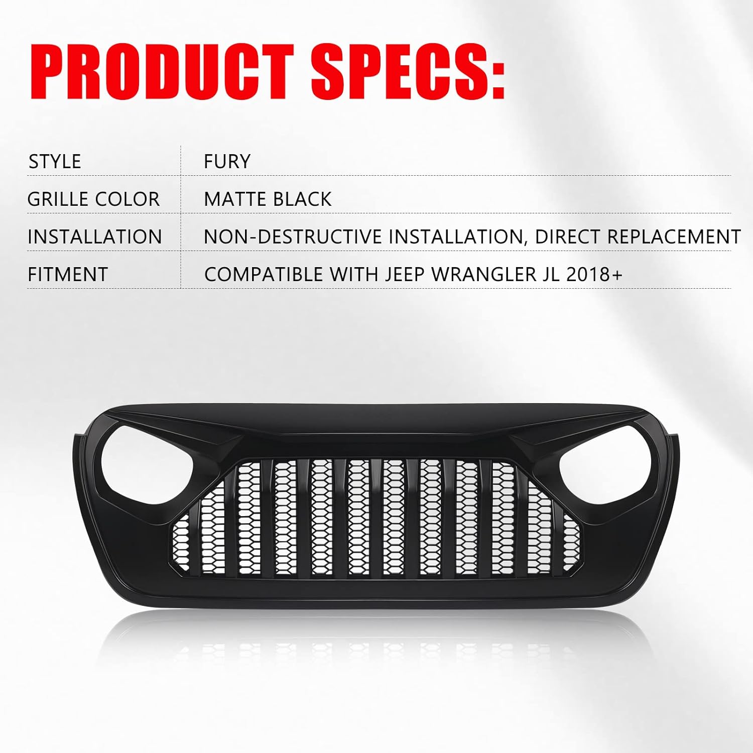 DKMGHT Parrilla delantera con rejilla para Jeep Wrangler JL JLU 2018, 2019, 2020, 2021, 2022 y Jeep Gladiator JT (negro mate)