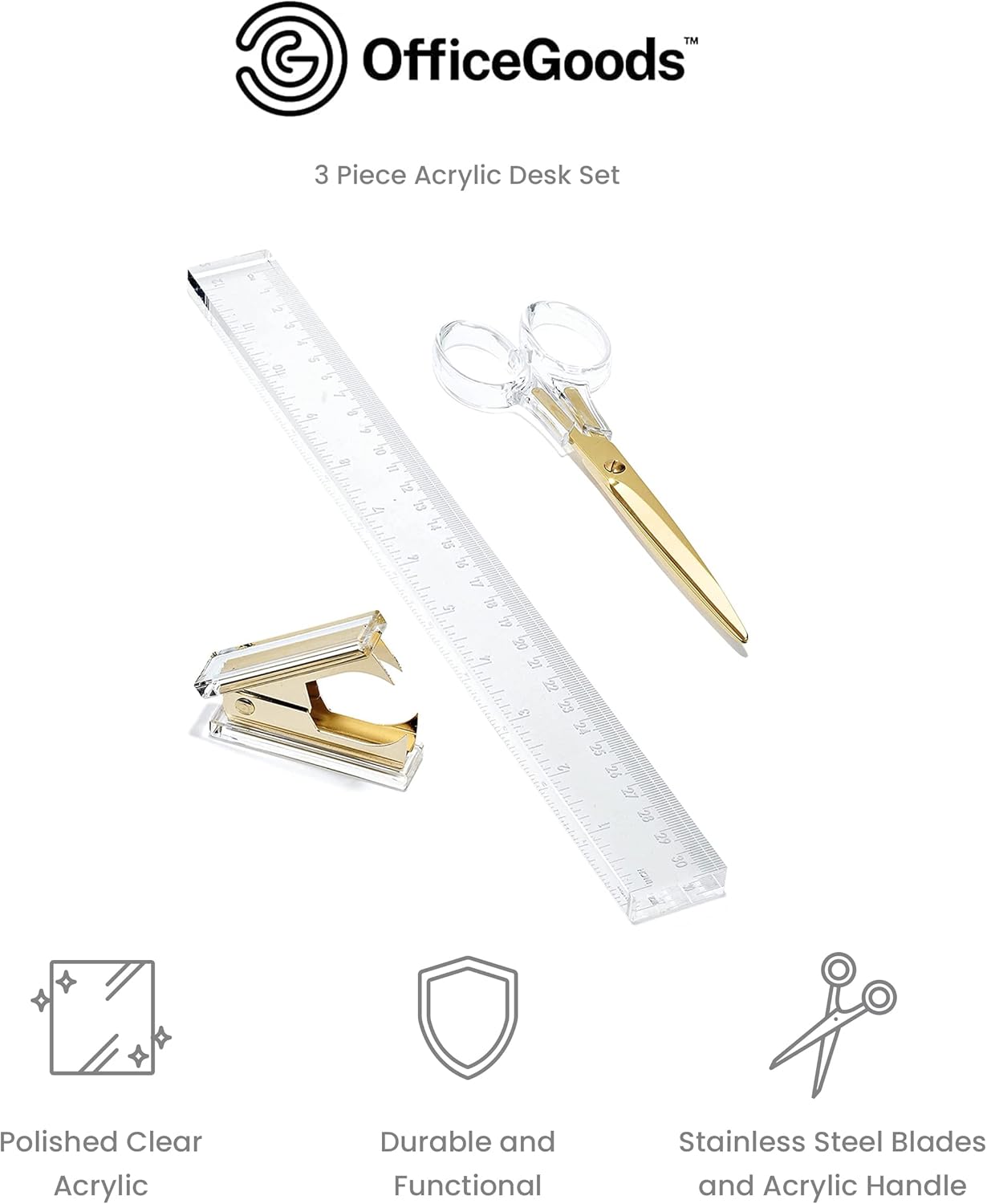 OfficeGoods Juego de escritorio de acrílico de 3 piezas, incluye regla, removedor de grapas, tijeras, accesorios de escritorio funcionales y