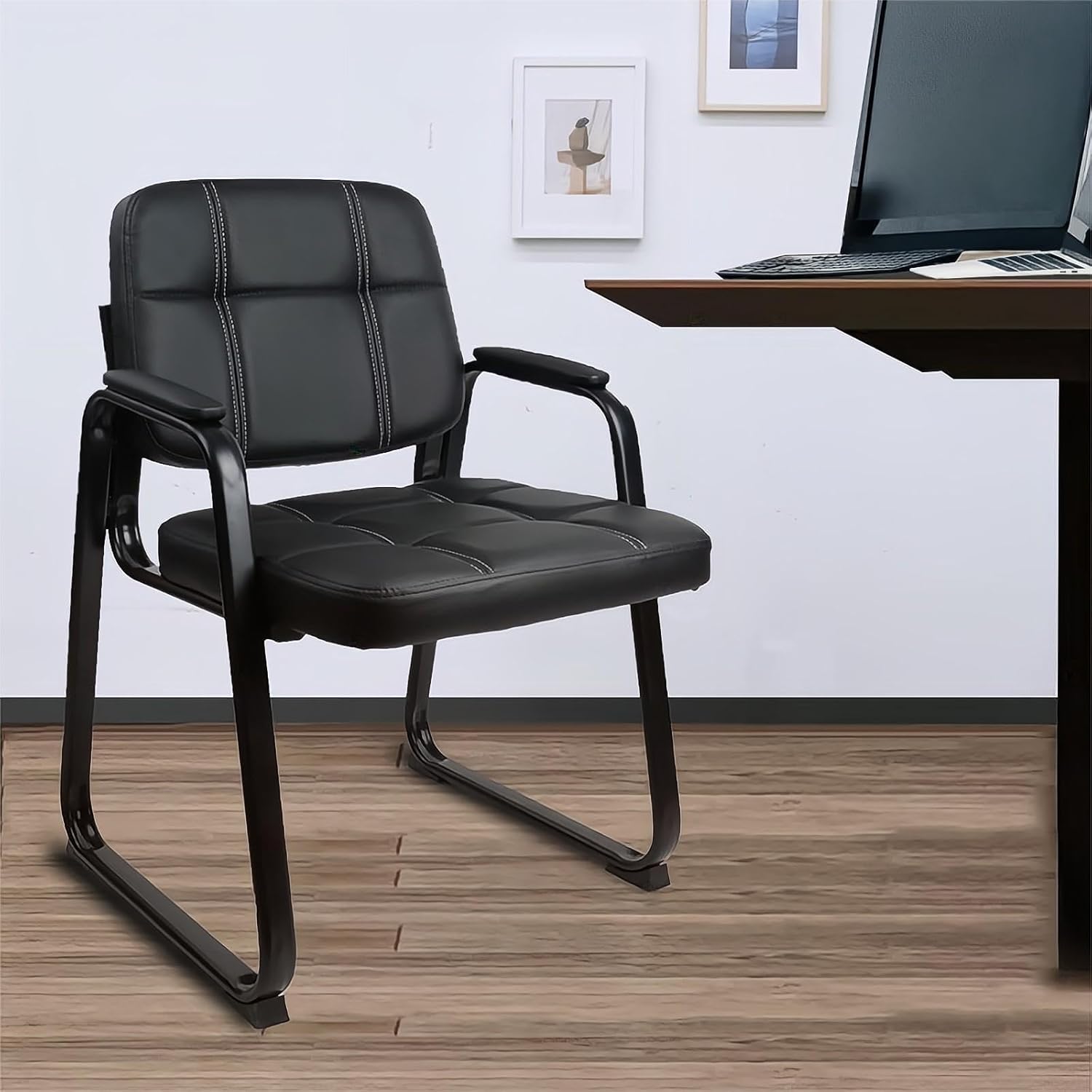 KLASIKA Silla de oficina para invitados, silla de recepción con reposabrazos acolchado de cuero adherido, base antideslizante, silla de escritorio