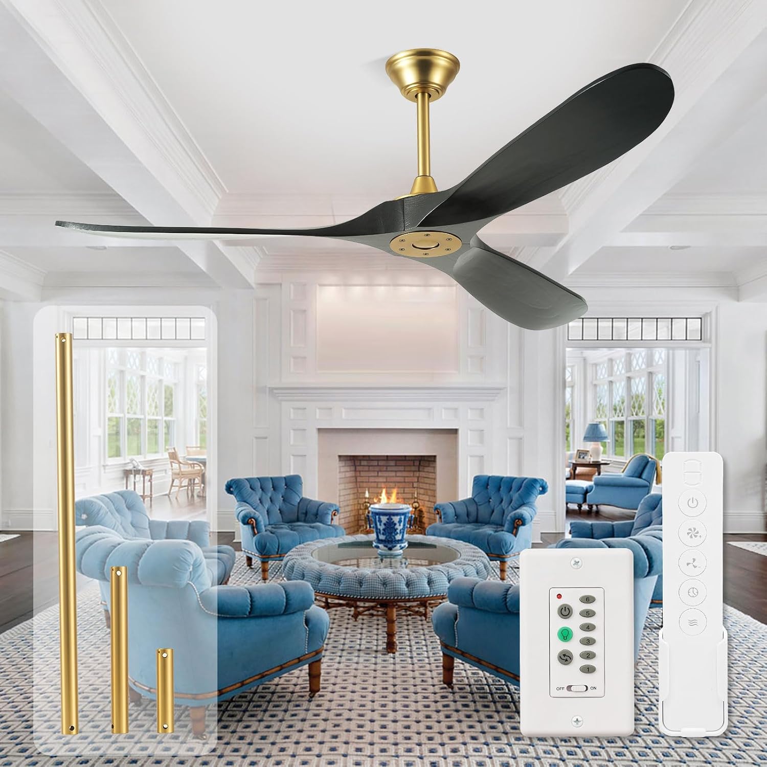 YZEENM 52 Inch Black and Gold Ceiling Fan with Wall Control Switch and Remote Control, Modern Outdoor Ceiling Fans No Lights, 3 Blade Wood Propeller