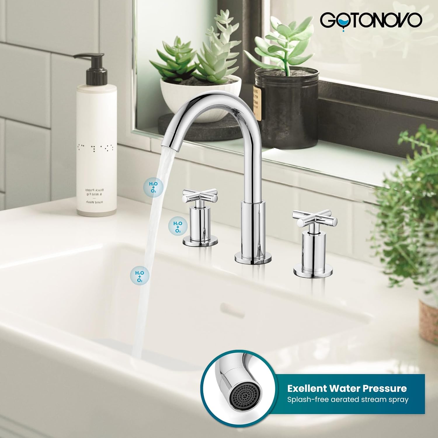 gotonovo Grifo de baño de 3 agujeros, grifo mezclador de doble mango cruzado para fregadero de baño, montaje en cubierta de agua fría caliente,