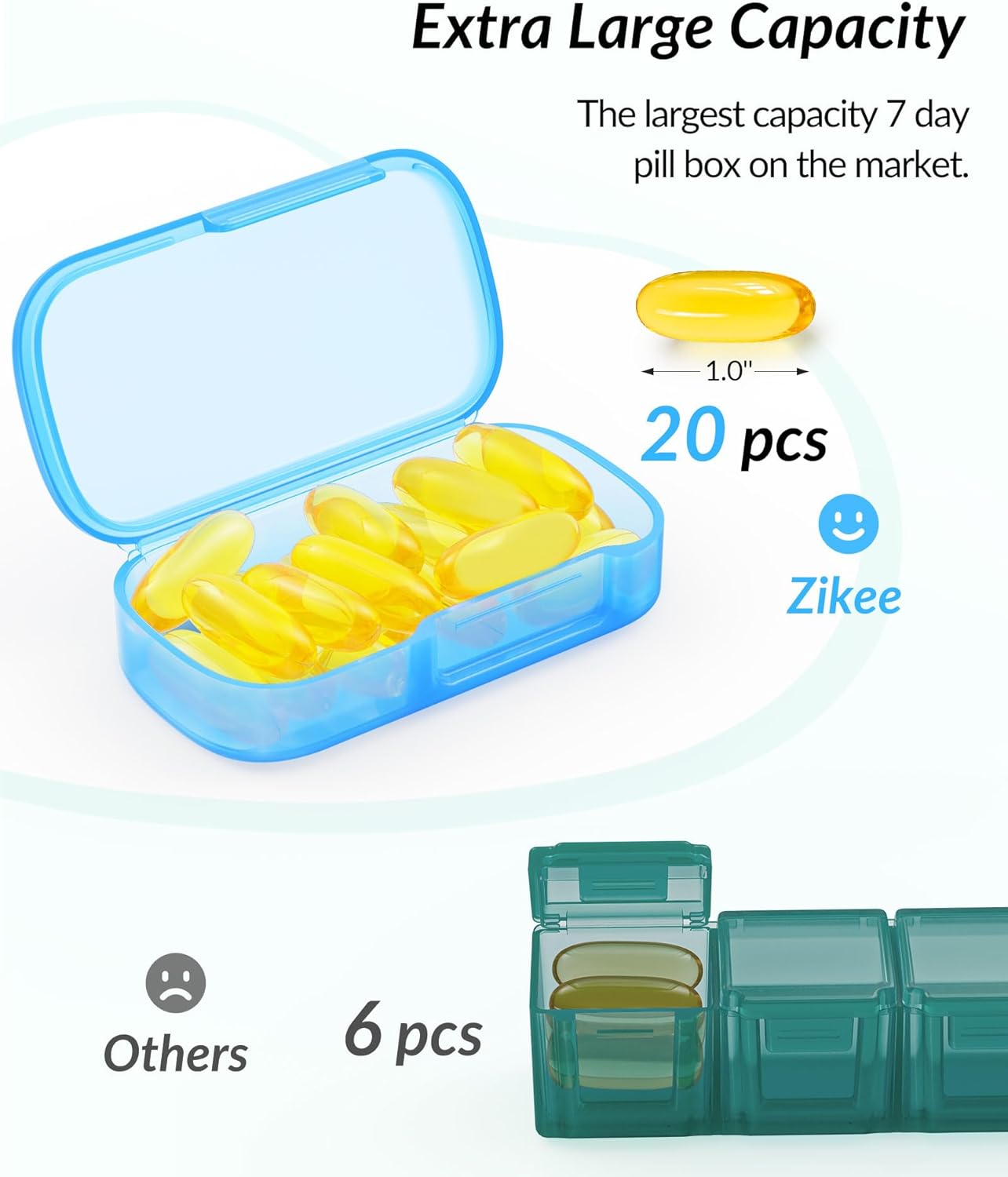 ZIKEE Paquete de 7 pastilleros extra grande, pastillero portátil para 7 días para bolsillo, bolso, pastillero semanal con diseño de doble