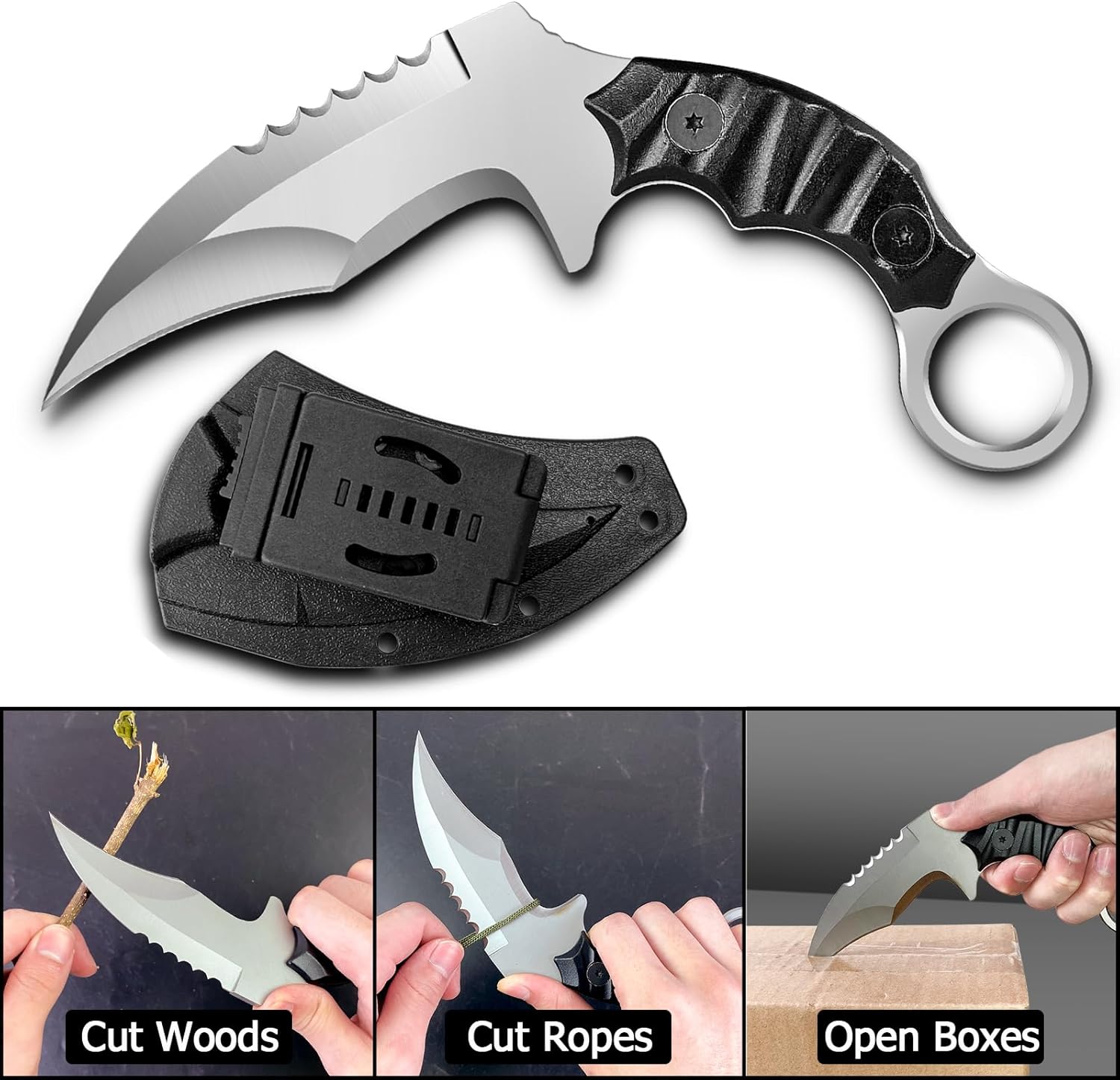 HOLYEDGE Cuchillos de hoja fija de acero D2 semidentados, cuchillo táctico de supervivencia con mango G10 y funda Kydex, herramientas de caza para