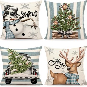4TH Emotion Juego de 4 fundas de almohada navideñas de 18 x 18 pulgadas, decoración navideña de granja, muñeco de nieve, reno, eucalipto, camión, 4TH Emotion Juego de 4 fundas de almohada navideñas de 18 x 18 pulgadas, decoración navideña de granja, muñeco de nieve, reno, eucalipto, camión,