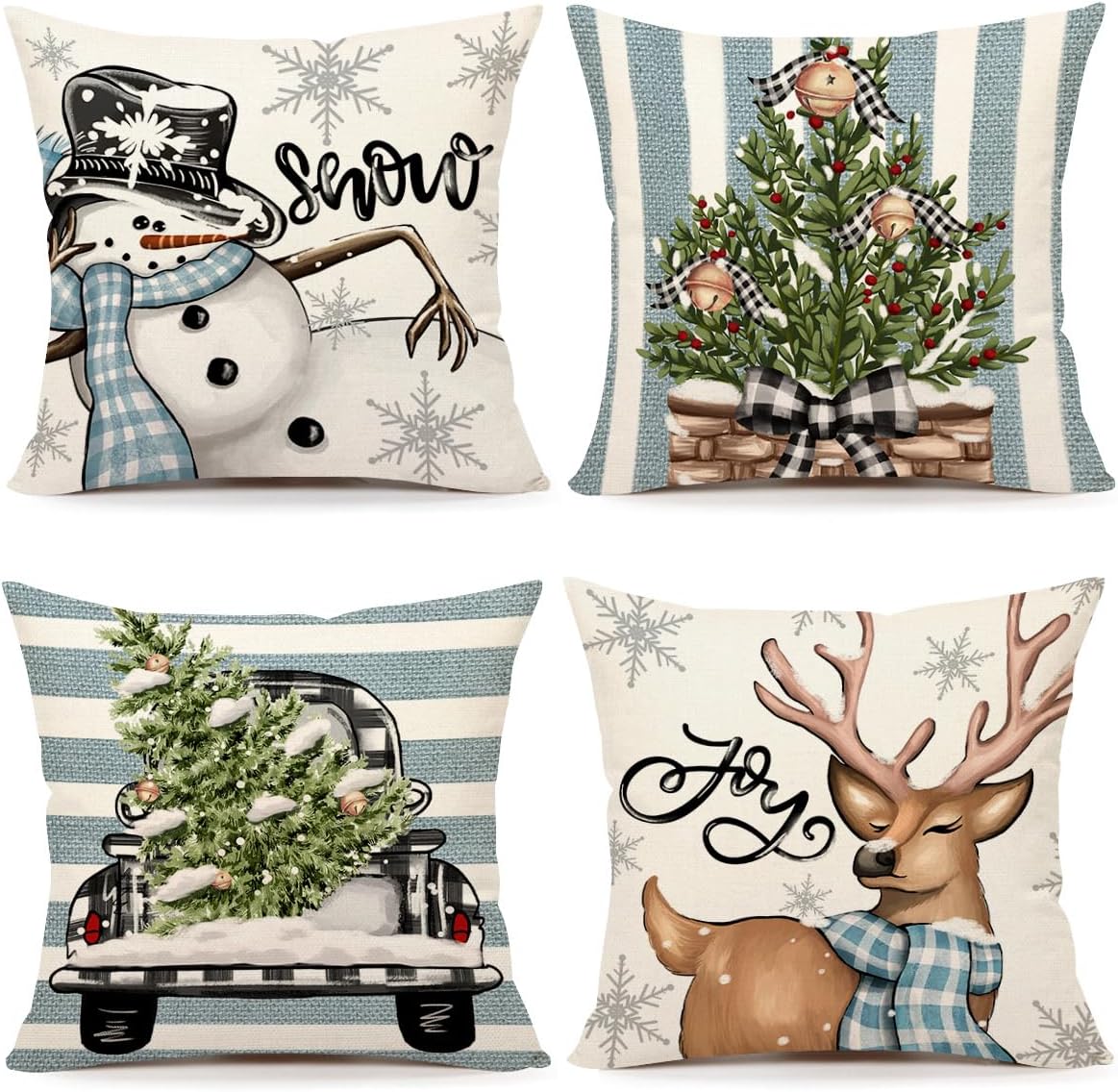 4TH Emotion Juego de 4 fundas de almohada navideñas de 18 x 18 pulgadas, decoración navideña de granja, muñeco de nieve, reno, eucalipto, camión,