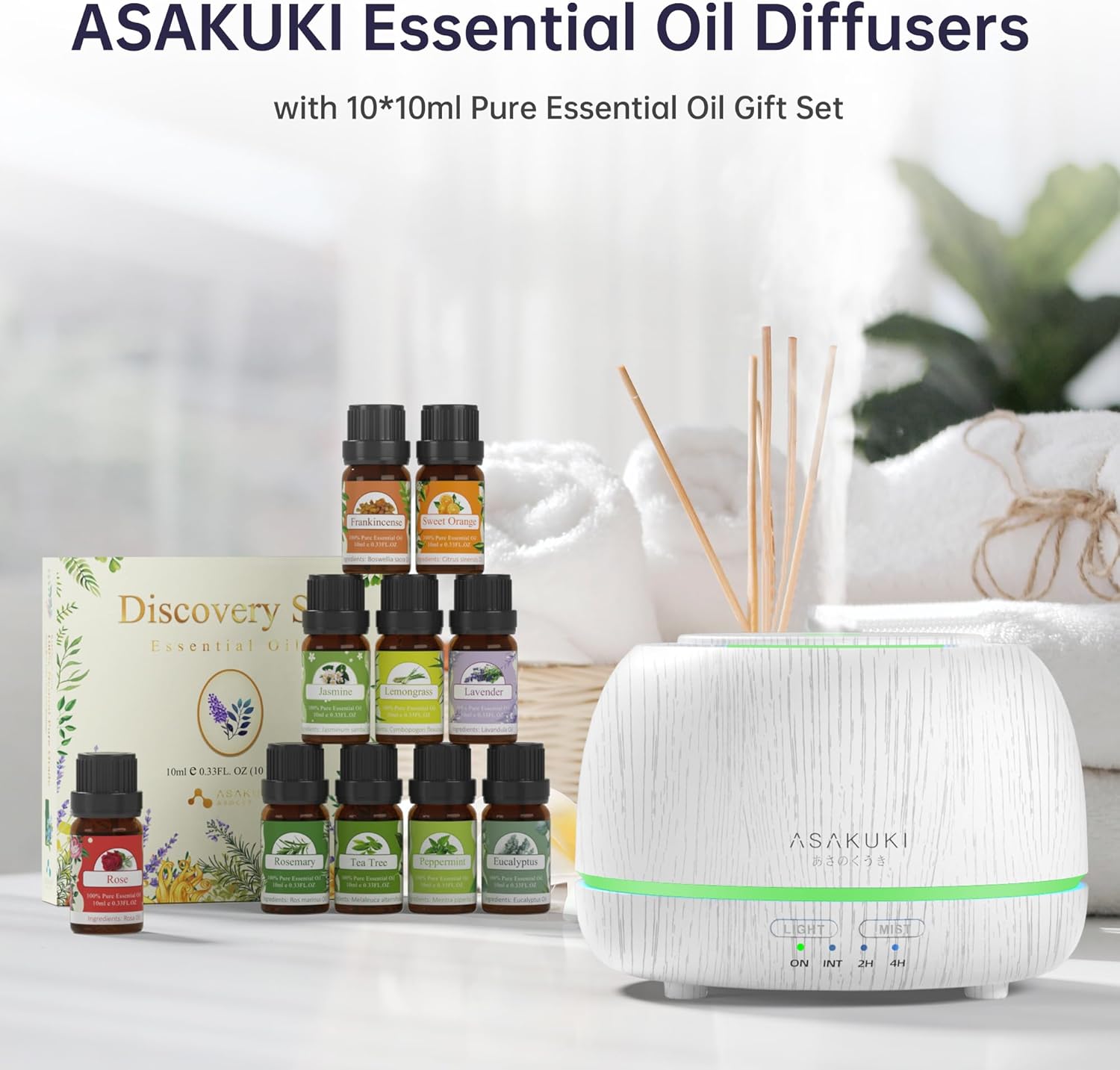 ASAKUKI Difusor de aceite esencial de alta calidad con juego de 10 aceites y control remoto, vaporizador humidificador ultrasónico de aceite