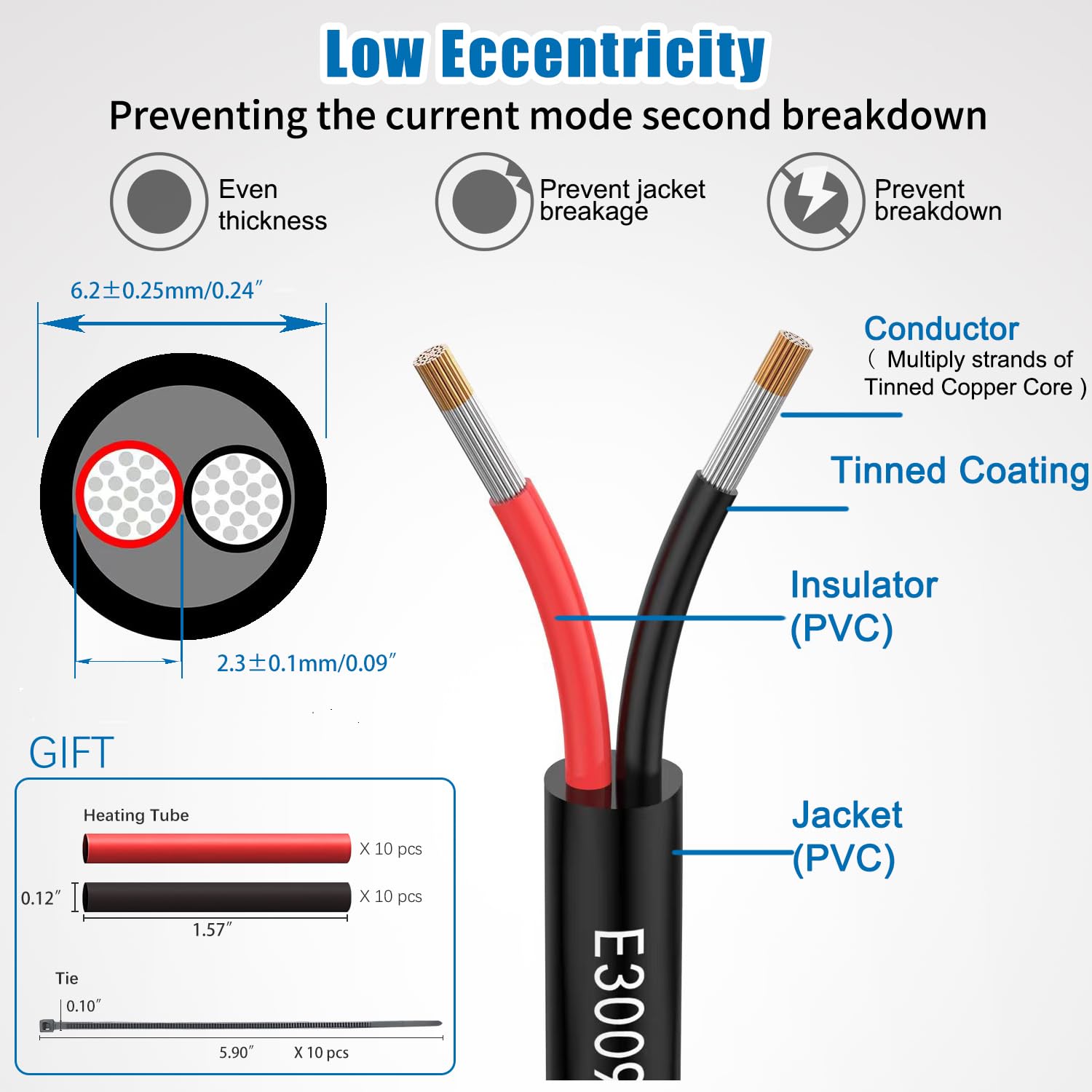 Cable eléctrico de calibre 162 de 16 Awg, 1,3 mm, cable de extensión de 2 conductores, 100 pies, UL2464 DC 5V12V24V300V, sin oxígeno, alambre de