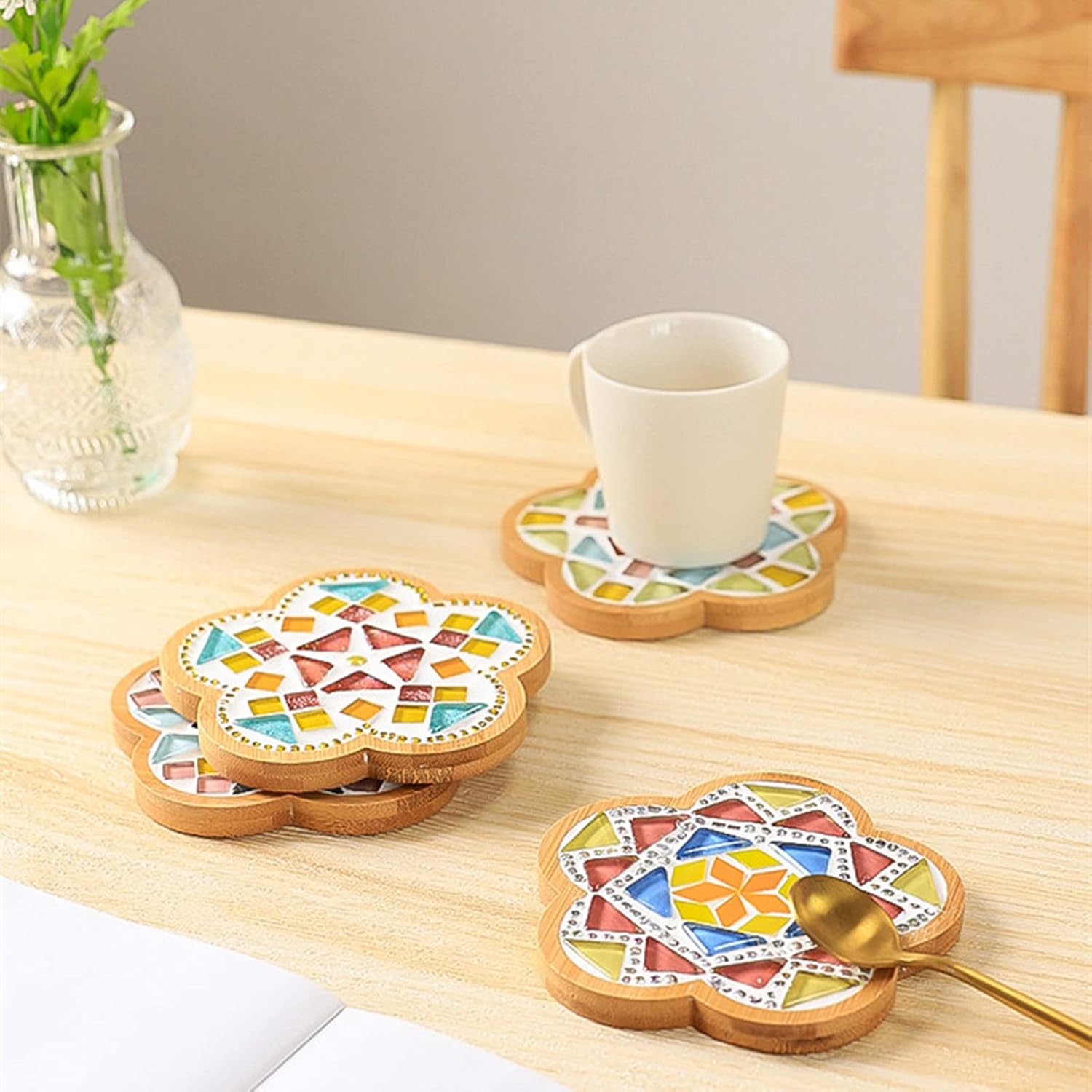 4 posavasos de bambú de mosaico para manualidades, bandejas de base en blanco, posavasos para beber, posavasos para plantas, placa de arte,