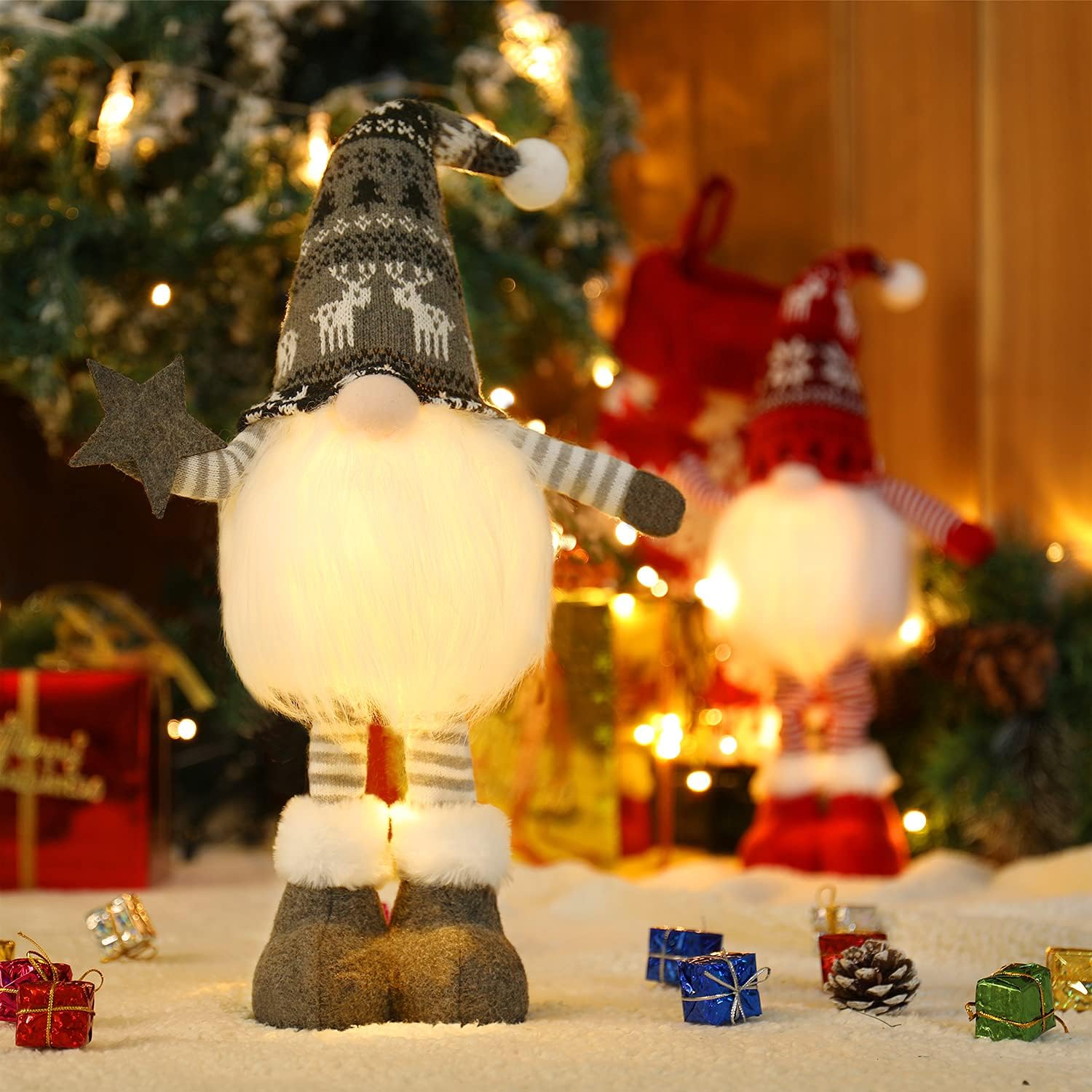 2 gnomos de Navidad iluminados con patas retráctiles de resorte, regalo de Navidad, decoración de Navidad para mesa de invierno, decoración de